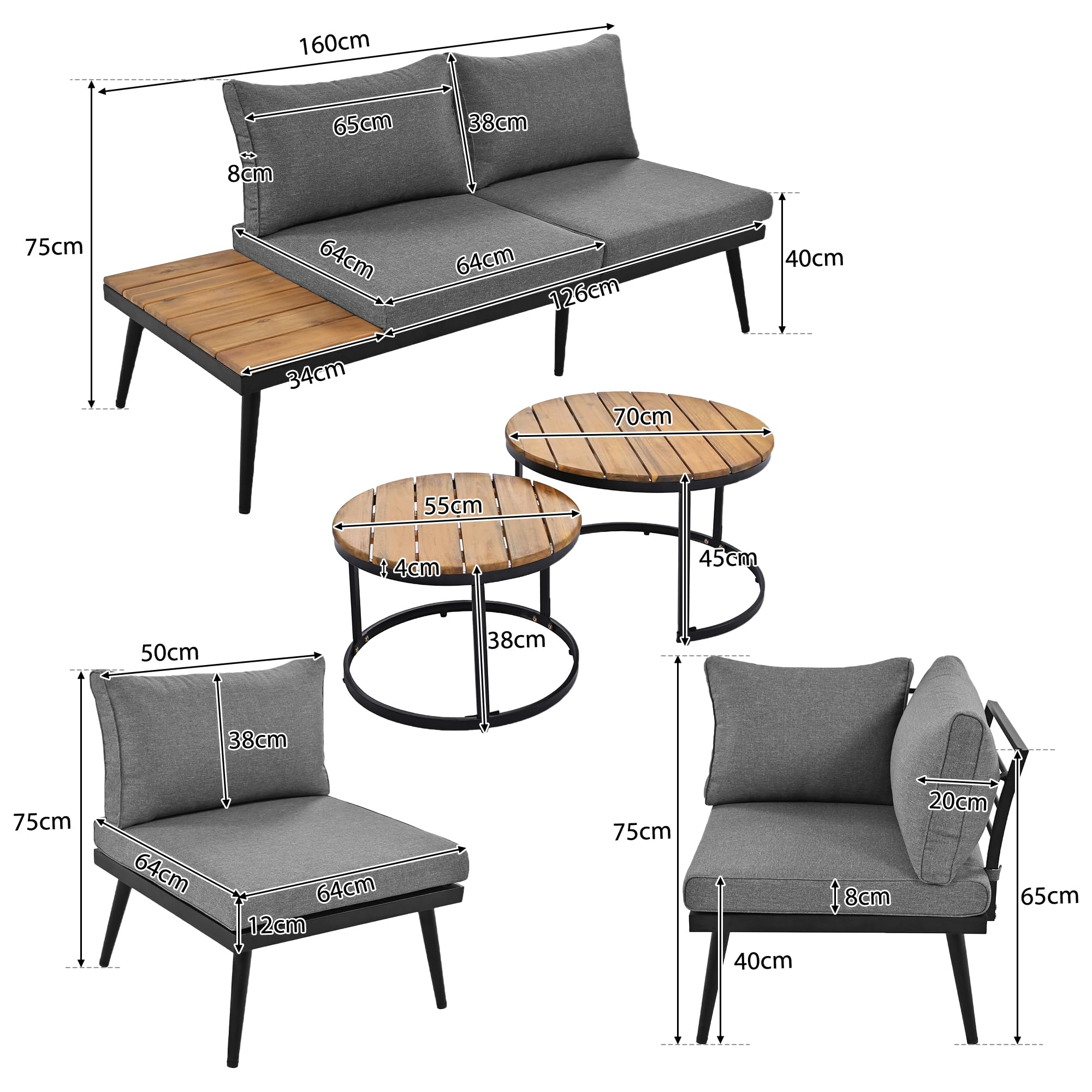 Moimhear Gartenlounge-Set für 5-6 Personen, Gartenmöbel, Essgruppe für Terrasse Balkon Garten Indoor Outdoor, Essgruppe 6-TLG, (2x2er-Sofa, 2xEinzelsessel, 2xTisch)