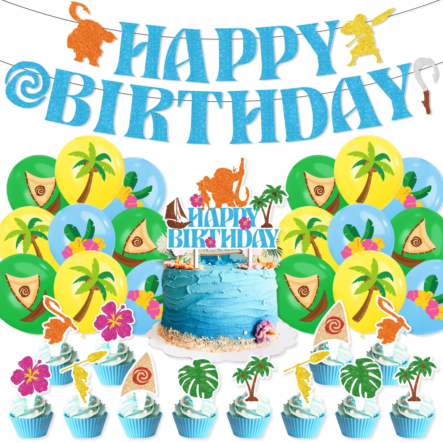 Birthday Party Decoration Set For Moanna - Moanna Cake Topper, Hawaii Tropical Sandy Beach Birthday Party Supplies, Includes Banner Balloon Cake