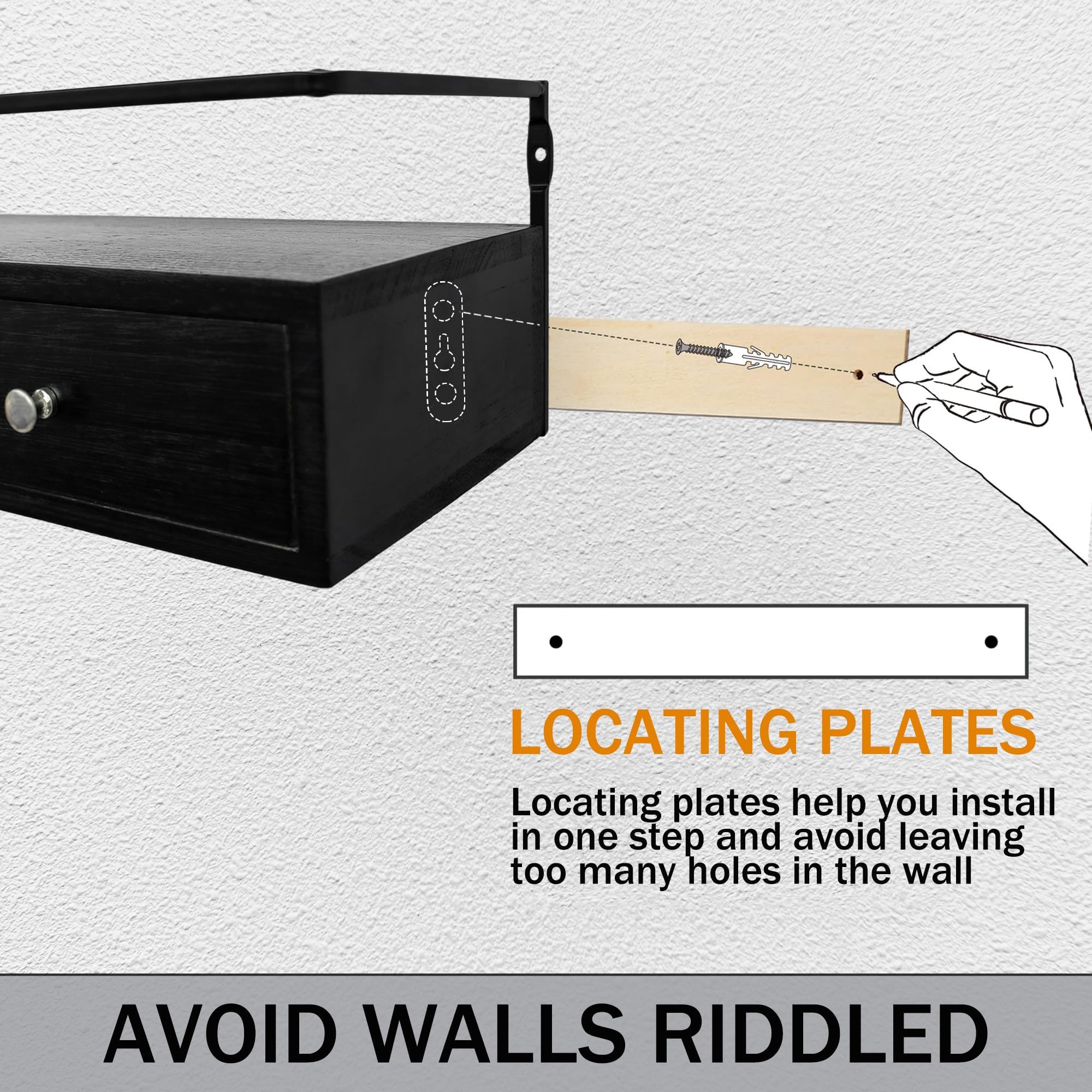 dreampossible Paquete de 2 estantes flotantes rústicos con cajón, negro, 15.8 pulgadas de largo, montaje en pared, baño, cocina, sala de estar