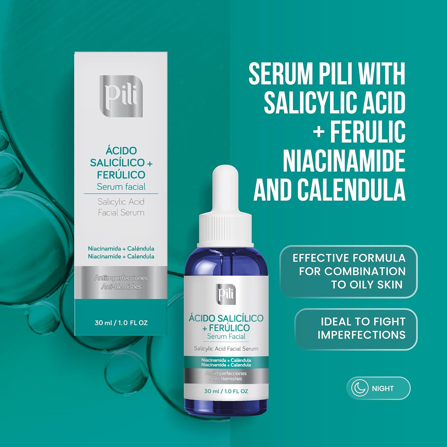 Salicylic + Ferulic Acid Face Serum – Exfoliating, Oil & Blemish Control Serum with Niacinamide & Calendula – Clarifying Antioxidant Formula for Oily, Acne-Prone Skin – 1 fl oz - Image 2