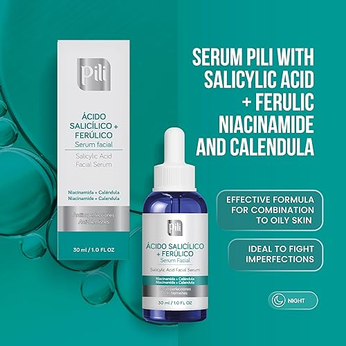 Miniatura 2 de Suero facial salicílico + ácido ferúlico, exfoliante, aceite y control de imperfecciones, con niacinamida y caléndula, fórmula antioxidante