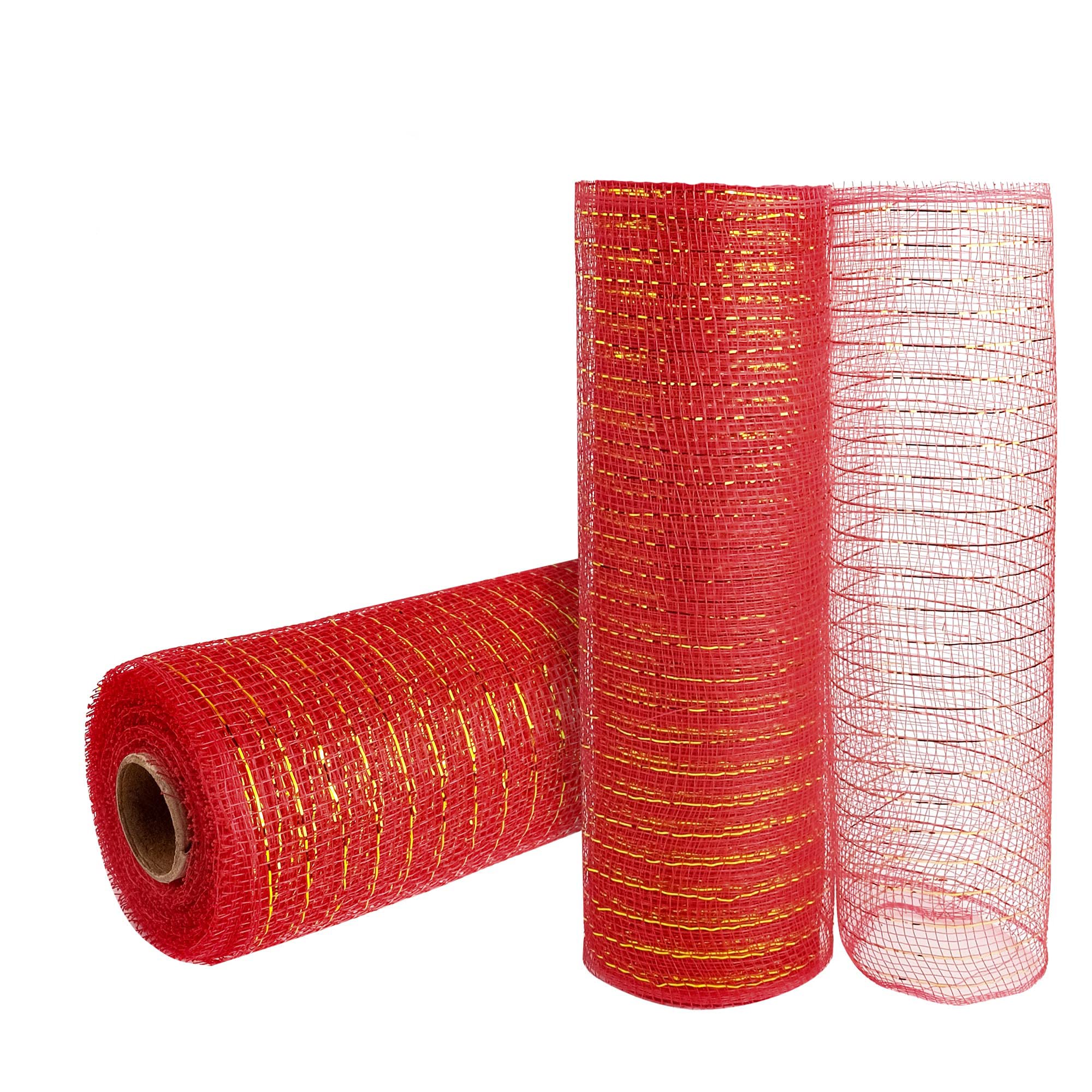 2 Rolls Red Deco Mesh Ribbon 10 in x 30 ft,Basic Metallic Poly Mesh Ribbon Rolls for DIY Wreath Supplies Christmas Tree Halloween Decoration Gift Wrapping,Floral