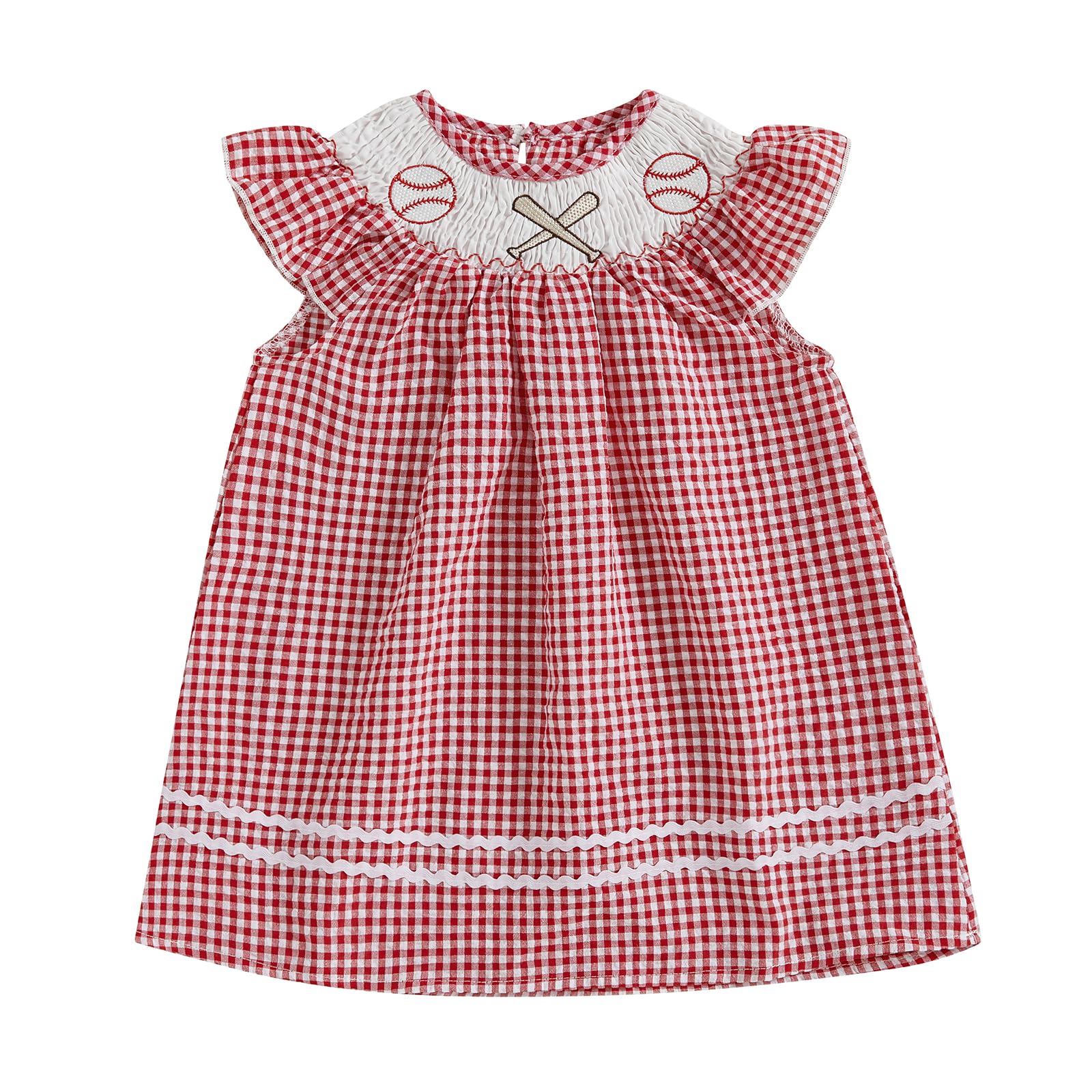 Toddler Baby Girl Baseball Dress Embroidery Plaid Ruffle Sleeveless Smocked Dresses Summer Casual Sundress Outfit (Red, 9-12 Months)