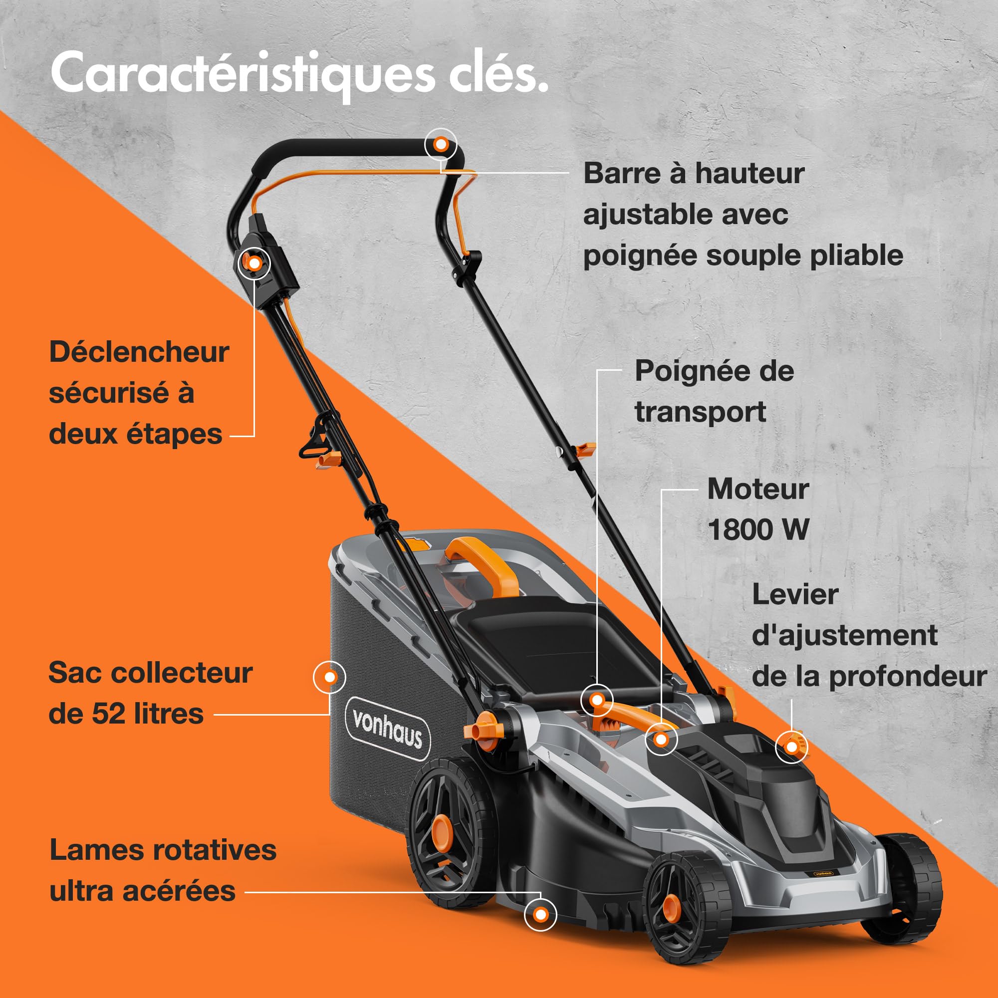 VonHaus Tondeuse à Gazon 1800 W - Tondeuse de Jardin Filaire, Sac 52 L, Guidon Réglable, 5 Réglages de Tonte