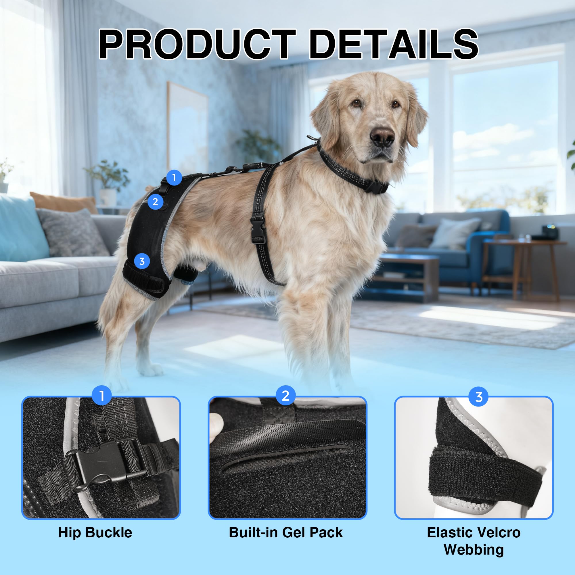 Soporte para displasia de cadera para perros con compresa caliente/fría, soporte de cadera transpirable y cómodo para ligamento cruzado anterior, artritis y movilidad posterior a la