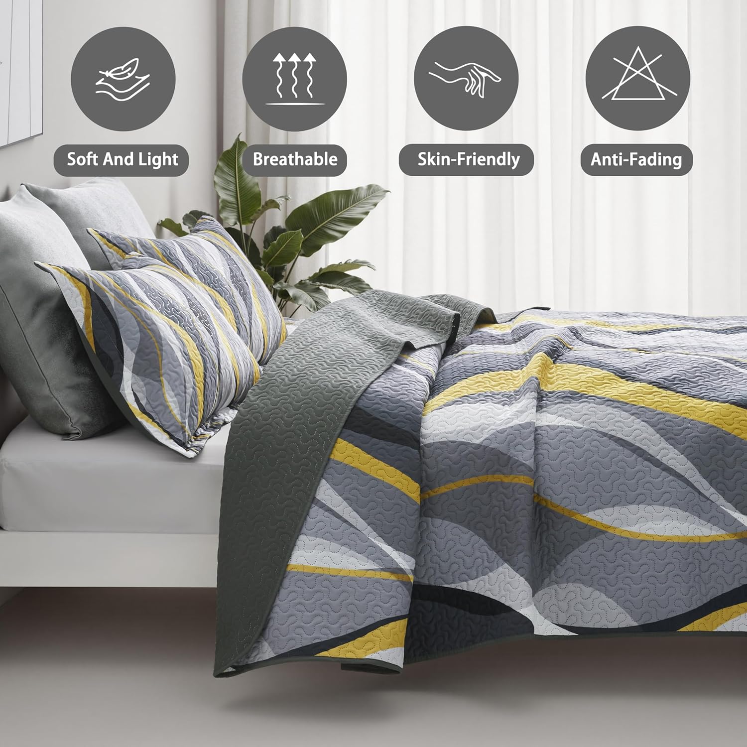weesire Classic Line Pattern Bedding Quilt Queen Size Modern Grey Yellow and White Stripe Quilt with 2 Shams, Gray and Yellow Comforter Sets Lightweight Breathable Bedspreads Coverlet, 90''x96'' - Image 3