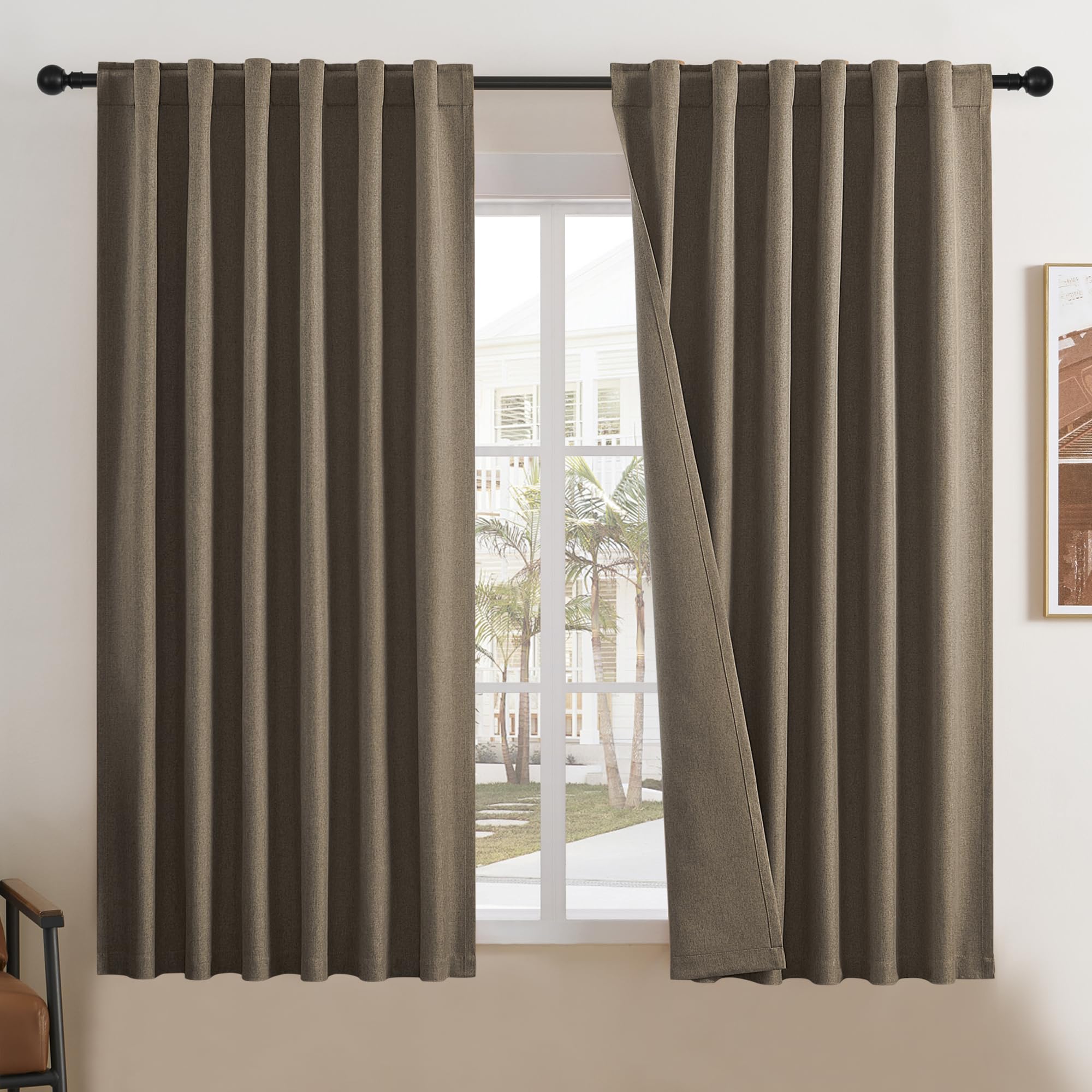 DUALIFE Brown Curtains 63 Inch Long 2 Panels Set-Back Tab and Rod Pocket Room Darkening Thermal Insulated Linen Textured Blackout Curtains Drapes?50"
