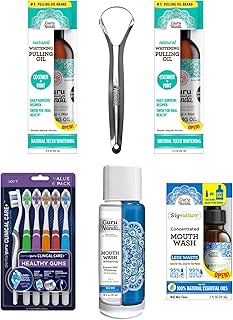 GuruNanda PoshMama Basic Oral Care Kit with CocoMint Pulling Oil, Butter on Gums Toothbrush, Concentrated and Dual Barrel Oxyburst Mouthwash, Helps Fresh Breath, Whiter Teeth, and Healthy Gums, 5ct