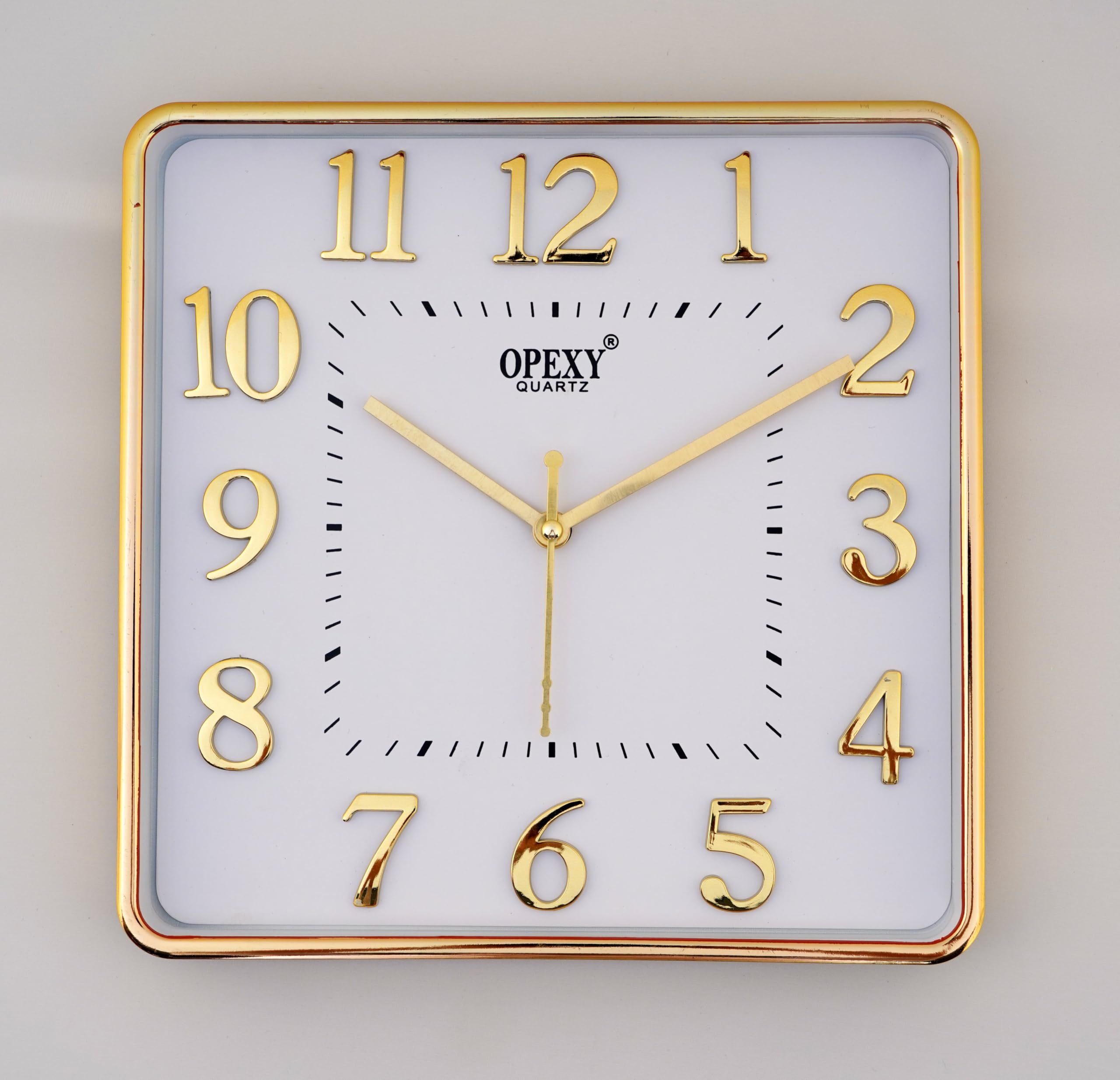 square quartz wall clock with embossed 3d numbers, silent analog decorative wall clock, slim body plastic clock for living room, office, gold