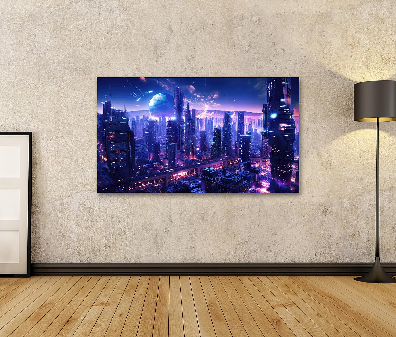Cyberpunk nuit ville paysage « gratte-ciel solitude » toile néons peinture à l'huile design fan art décoration murale - France