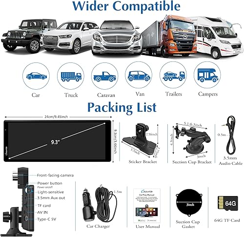 Miniatura 7 de Carpuride 4K W903 Carplay inalámbrico portátil y Android Auto con Dash Cam - Pantalla IPS HD de 9.3 pulgadas, cámara frontal 4K, grabación en bucle,