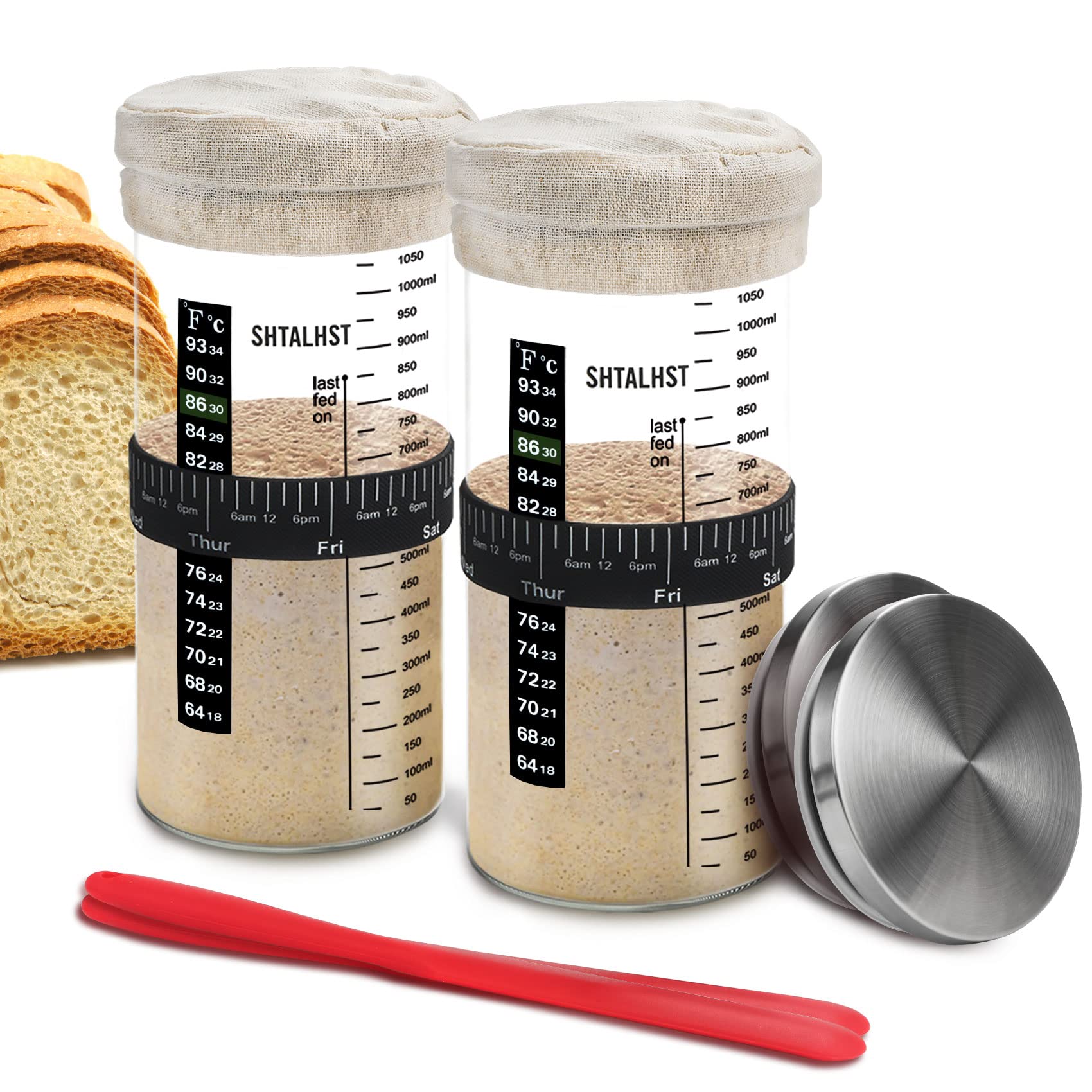 SHTALHST Sourdough Starter Jar Kit-1100ml/39Oz, Sourdough Starter Kit, Sour Dough Starter Jar With Stainless Steel Lid, Thermometer, Silicone Scraper, Cloth Cover And Date Marked Feeding Band (2 Pack)