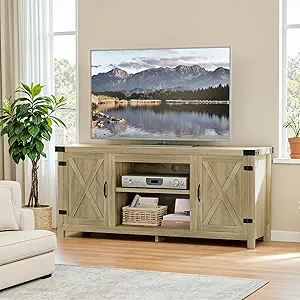 YESHOMY Modern Farmhouse TV Stand with Two Barn Doors and Storage Cabinets for Televisions up to 65+ Inch,Entertainment Center Console Table,Media Furniture for Living Room,Yellow Oak