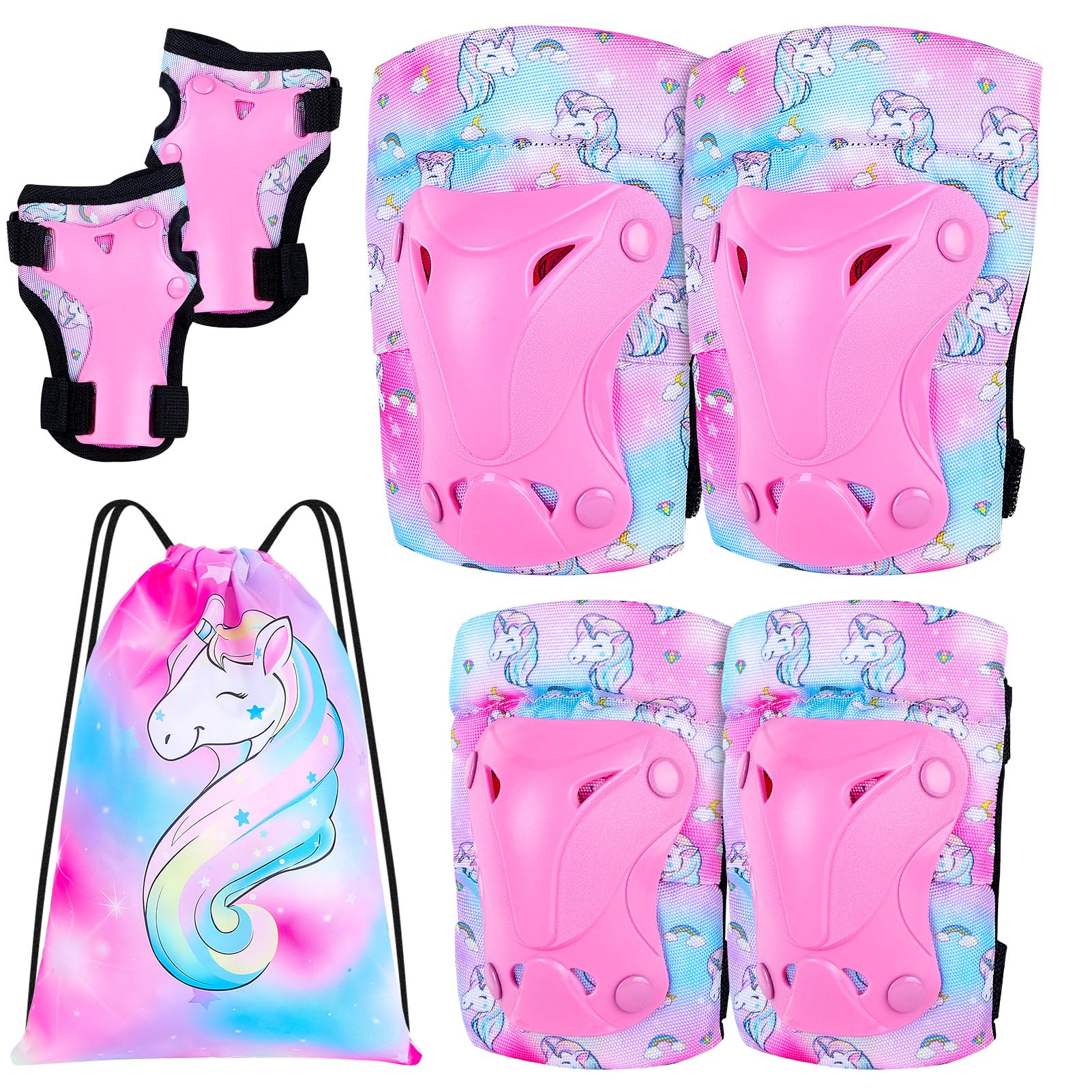 FIODAY Knee Pads for Kids Unicorn Knee Elbow Pads Wrist Guards with Drawstring Bag Adjustable Protective Gear Set for Girls Boys Inline Skating Bike Cycling Skateboard Scooter, 3-8 Years,Pink Blue