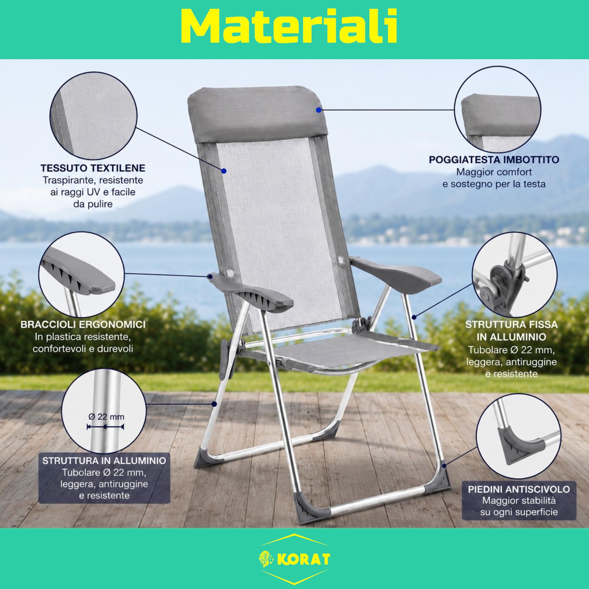 KORAT - Sedia Mare Pieghevole in Textilene con Poggiatesta, Struttura in Alluminio e Braccioli Ergonomici, per Spiaggia Campeggio Giardino, 58x38x110 cm - Spiaggina - Grigio