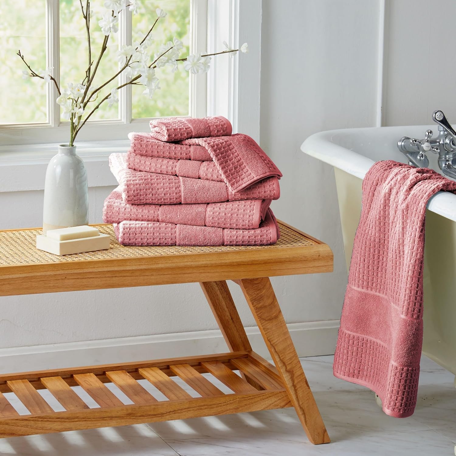 100% Cotton Super Soft Luxury Towel Set | Quick-Dry and Highly Absorbent | Waffle Textured | 550 GSM | 2 Bath Towels, 2 Hand Towels, & 2 Washcloths | Harper Collection (Rose)