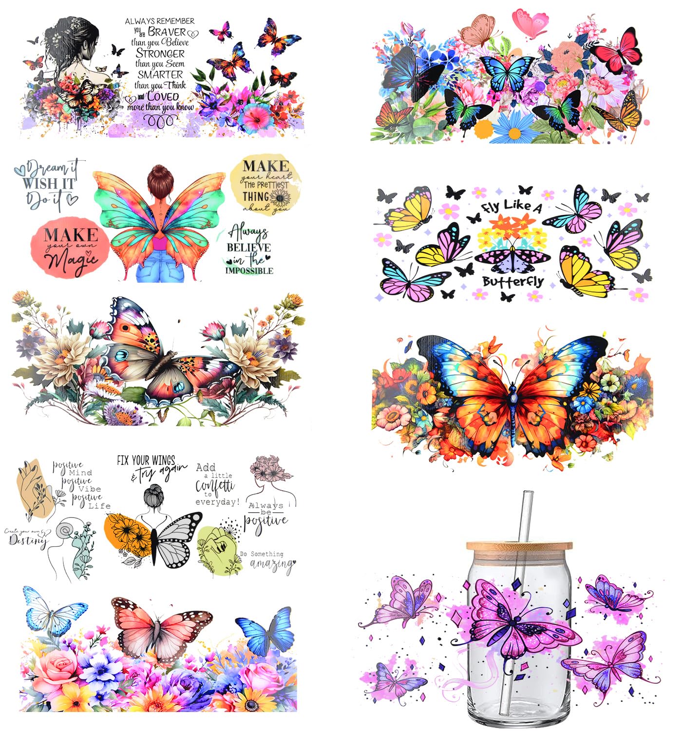 UV DTF Transfer Stickers for Glass, 9 Sheets Rub on Transfers for Crafting Cup Decal Stickers for 16OZ Libbey Glass Cups, Furniture, Wood DIY Crafts (Style 9)