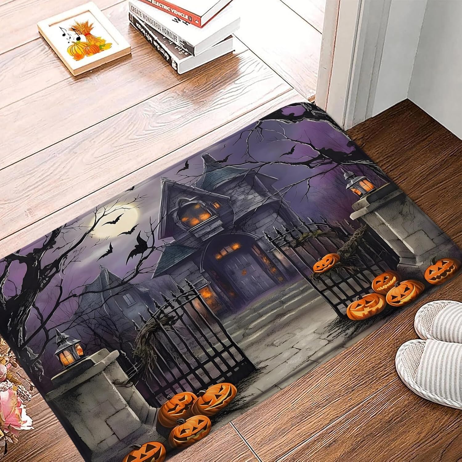 Halloween Bath Mat Scary Night Full Moon Black Dead Tree Gothic Haunted House Castle Pumpkin Spooky Halloween Bathroom Decor Rug Doormat Toilet Floor Rug,24x60 Inch