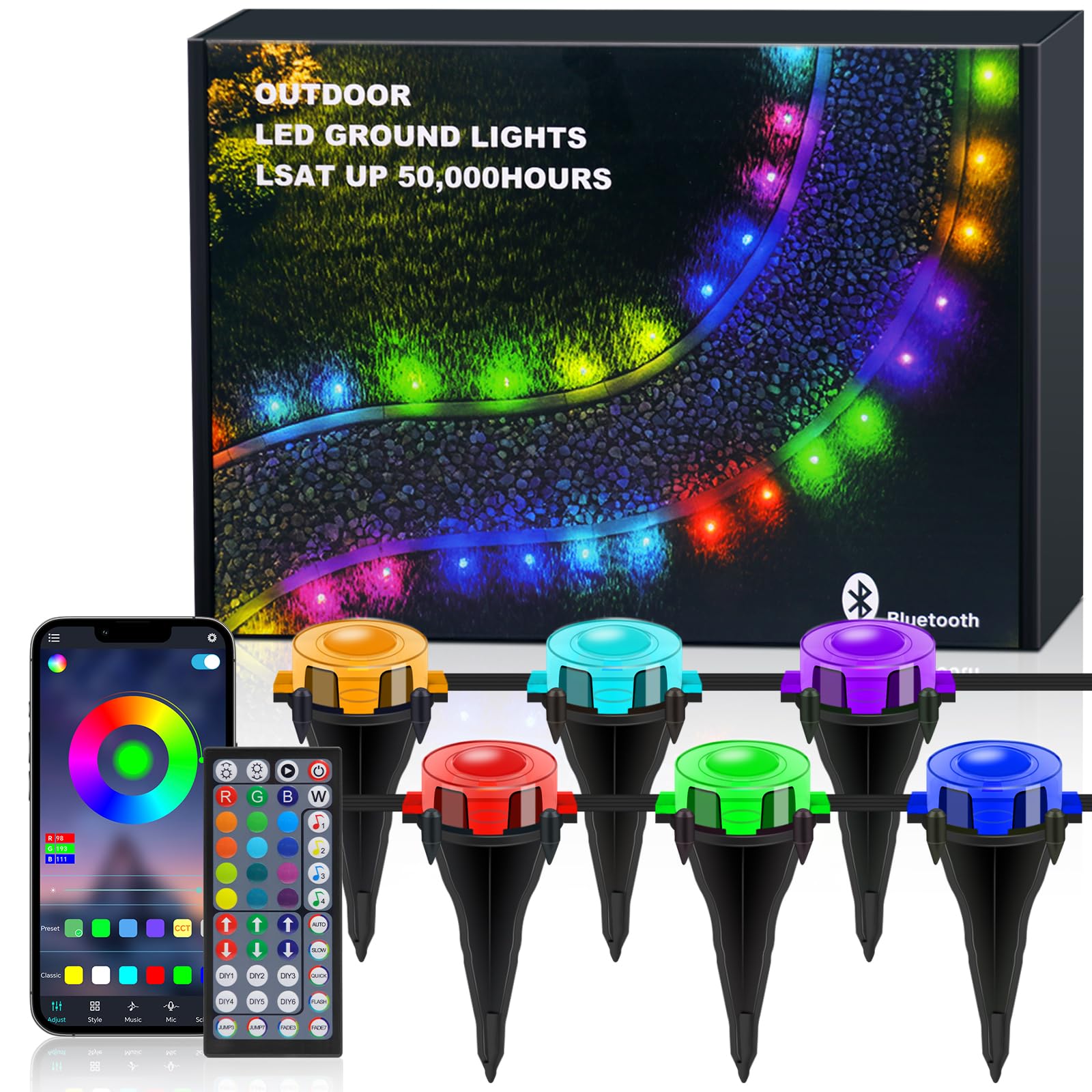 Bodenstrahler Außen 45M mit 45LEDs, Bluetooth Bunte Lichterkette Außenleuchten, 5 in 1 Smart RGBCCT LED Bodenleuchte, IP68 Wasserdichte Trauflichter für Allerheiligen Weihnachtsdeko