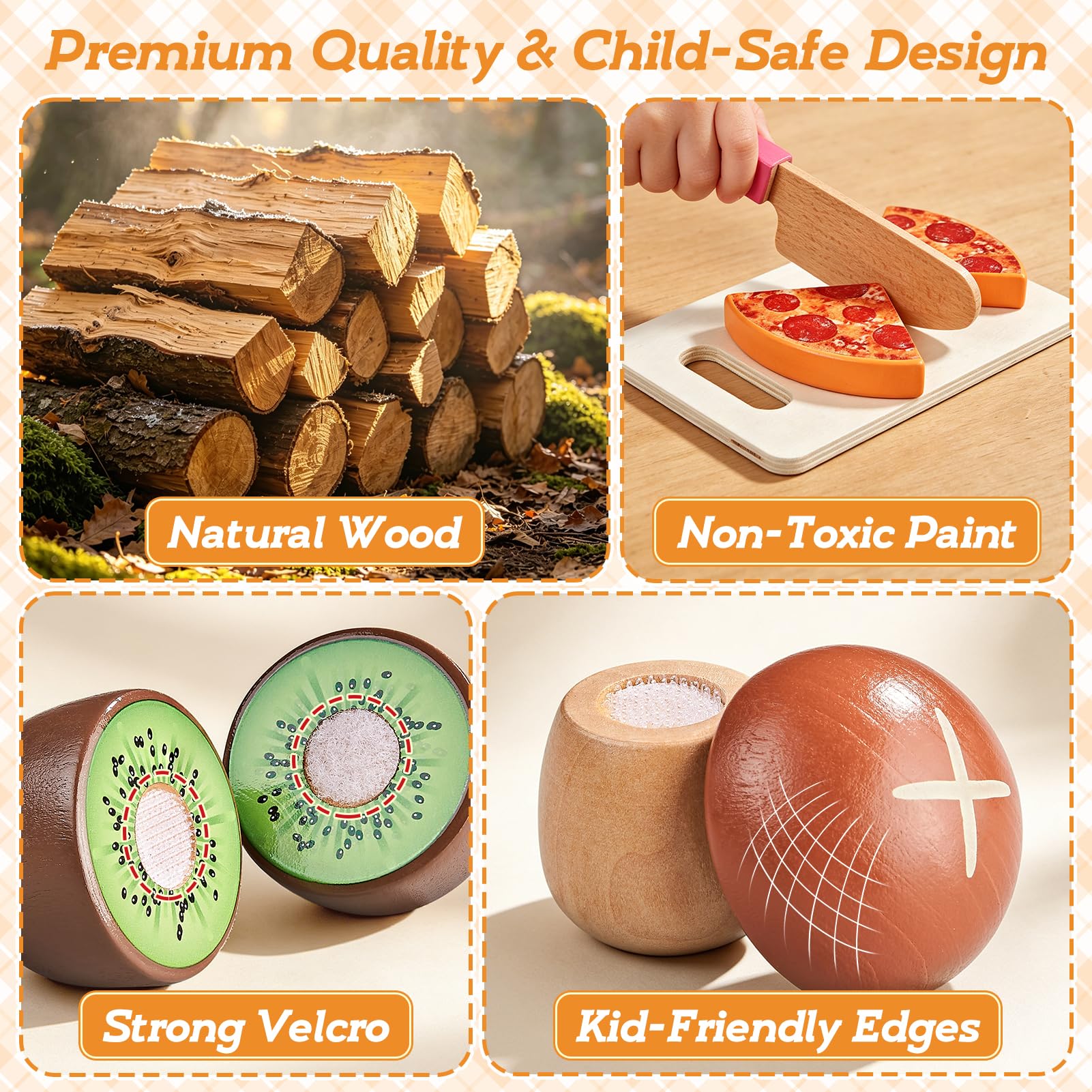 LAUGIGLE Wooden Play Food Set for Kids Kitchen, Montessori Toy Food Play Toy Food Food Play Accessories Cutting Fake Food Tote Bag, prezent urodzinowy