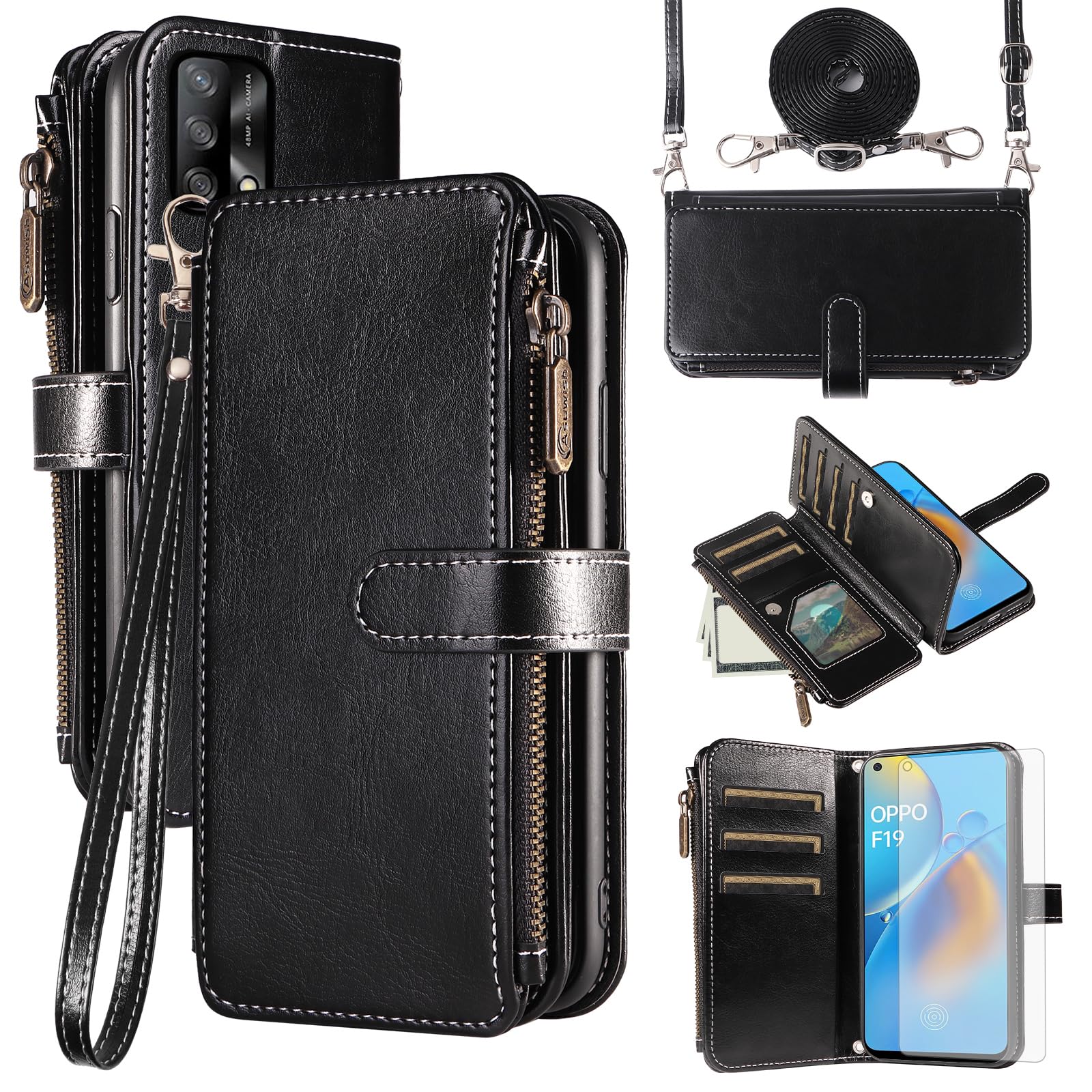 Asuwish Handyhülle für Oppo A74 4G/F19 CPH2219 Hülle mit Band Folie Schutzfolie Kartenfach Klappbar Leder Geldbörse Ständer A 74 74A F19S A95 Handy Hüllen Schutzhülle Handyhüllen Phone Case Schwarz
