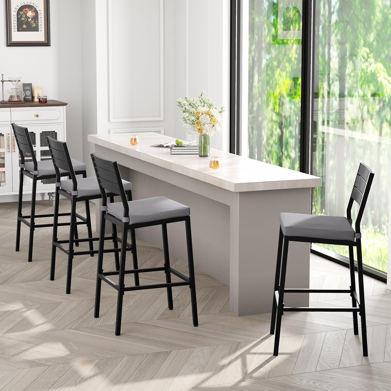 Crestlive Products Outdoor Bar Stools Set of 4, Patio Counter Height Barstools with Cushions, Tall Chairs with Back and Footrest for Deck, Lawn, Garden, Backyard, Poolside, Or Indoor Use (Light Gray)