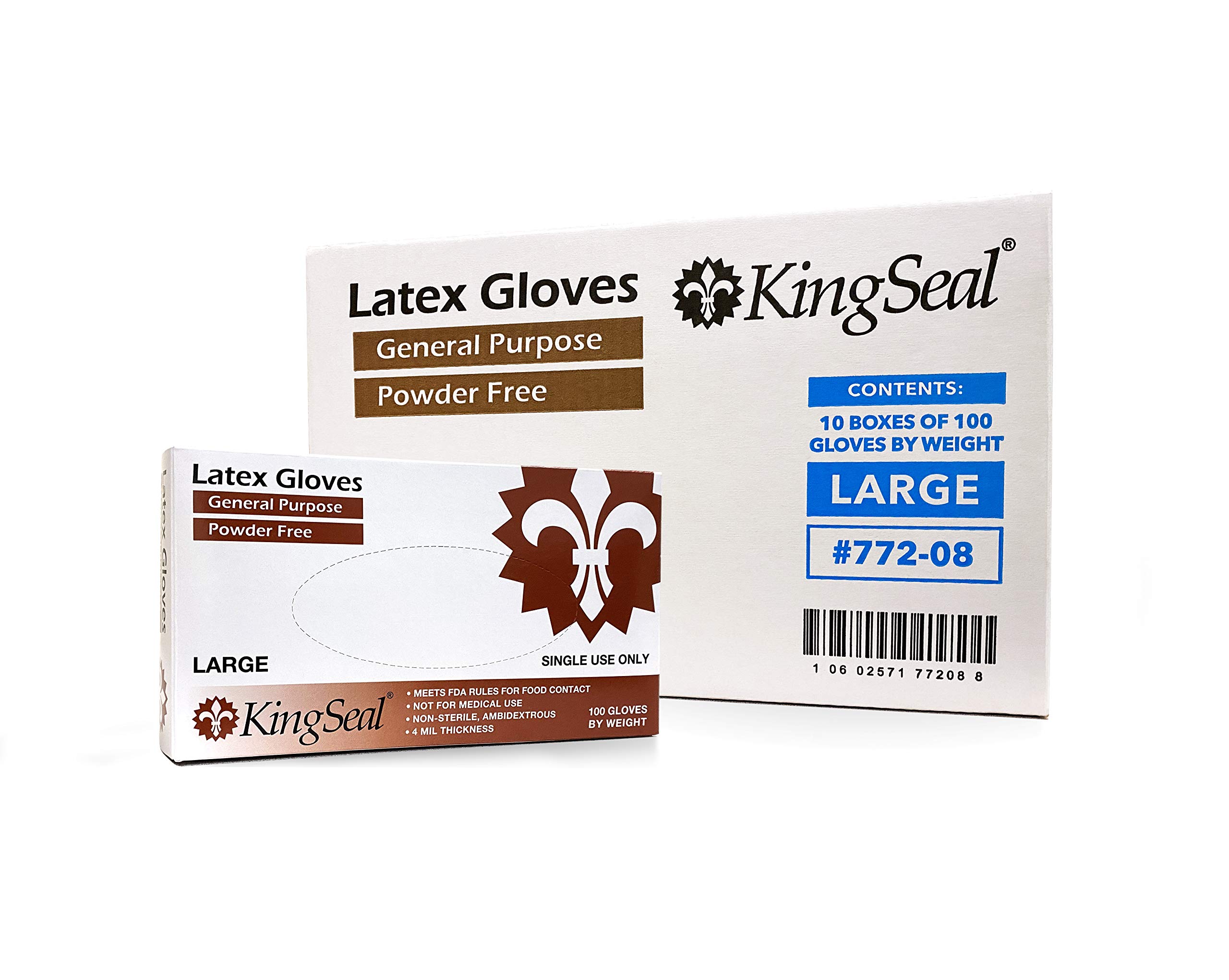 KingSeal Latex General Purpose Gloves, Powder Free, 4 mil, Non-Medical Uses Only - 1 or 4 Box Bundle or 10 Box Master Case