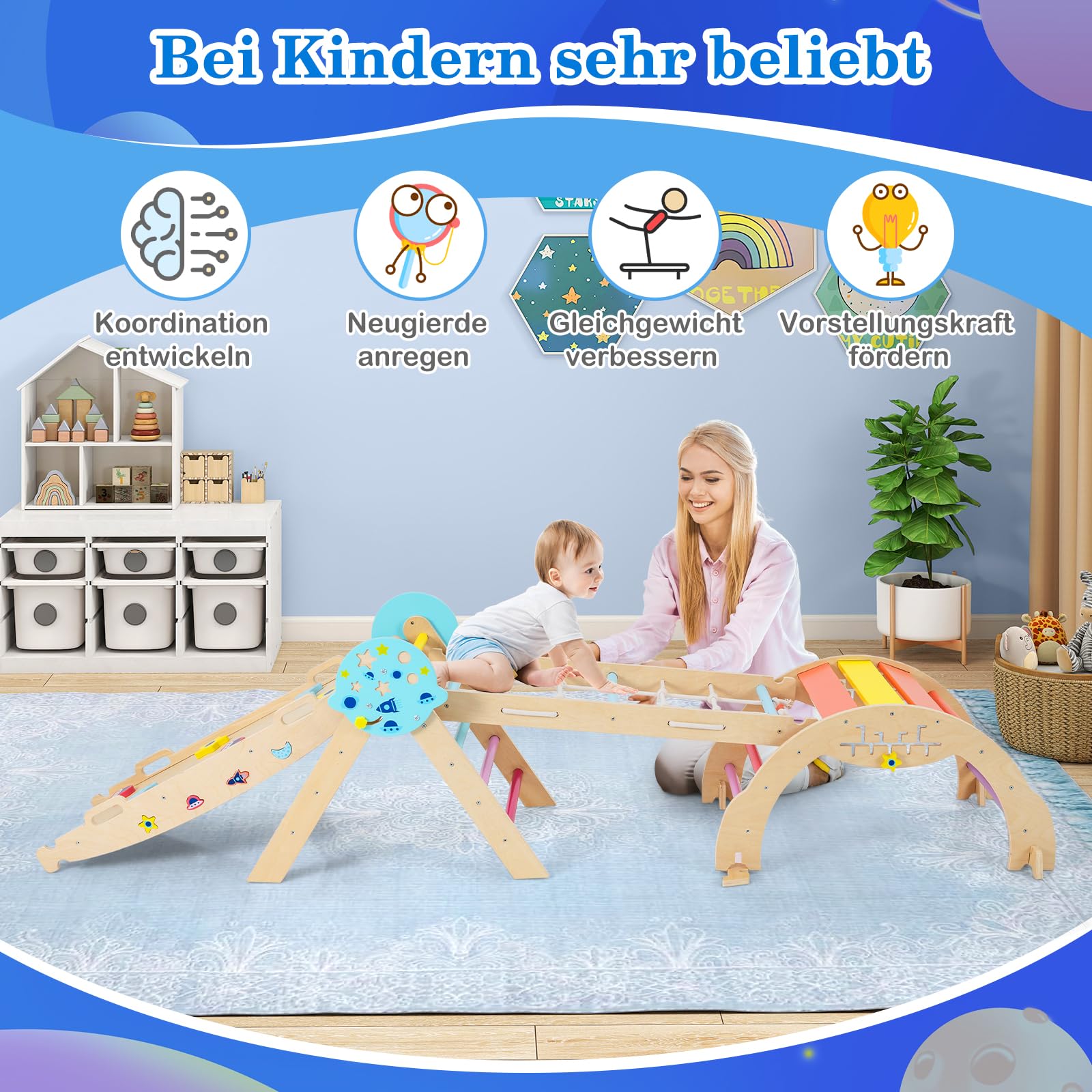 COSTWAY Klettergerüst Indoor 4er Set, klappabres Kletterdreieck mit Rutsche, Kletterbogen, Netz, inkl. doppelseitige Rampe, Baustein Set & 2 Autos, Universum Sprossendreieck Holz für Kinder ab 1 Jahr