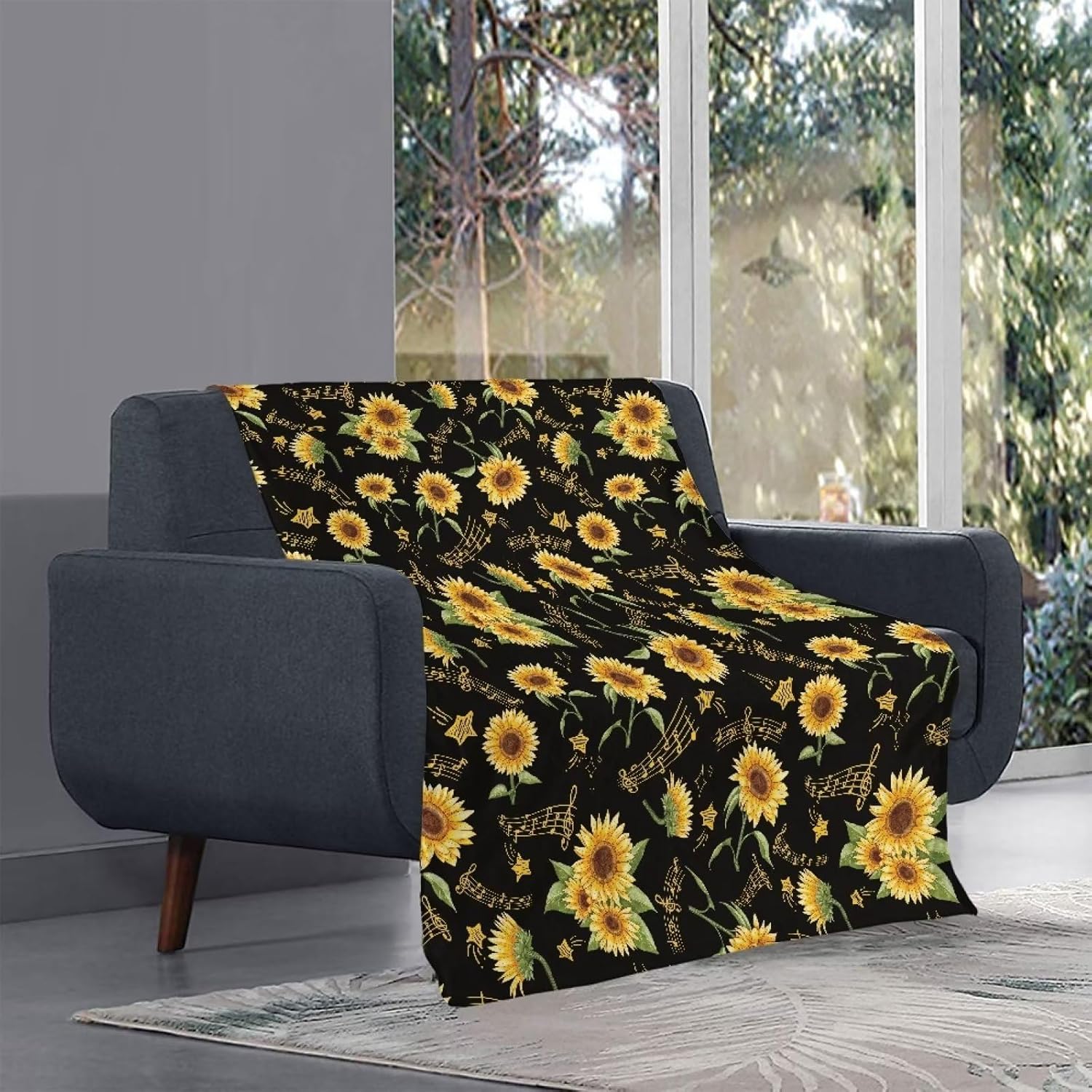 Sunflower Musical Notes Queen Size Blankets for Bed - All Season Use Soft Fluffy Coral Fleece Throw - Luxury Decorative Cover for Bedroom,Office,Living Room