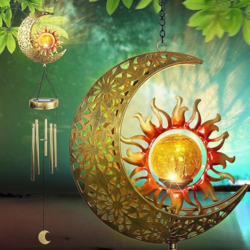 Miniatura 1 de Campanillas de viento, bola de vidrio agrietada de sol y luna con increíble tono profundo, luces solares LED impermeables para decoración de