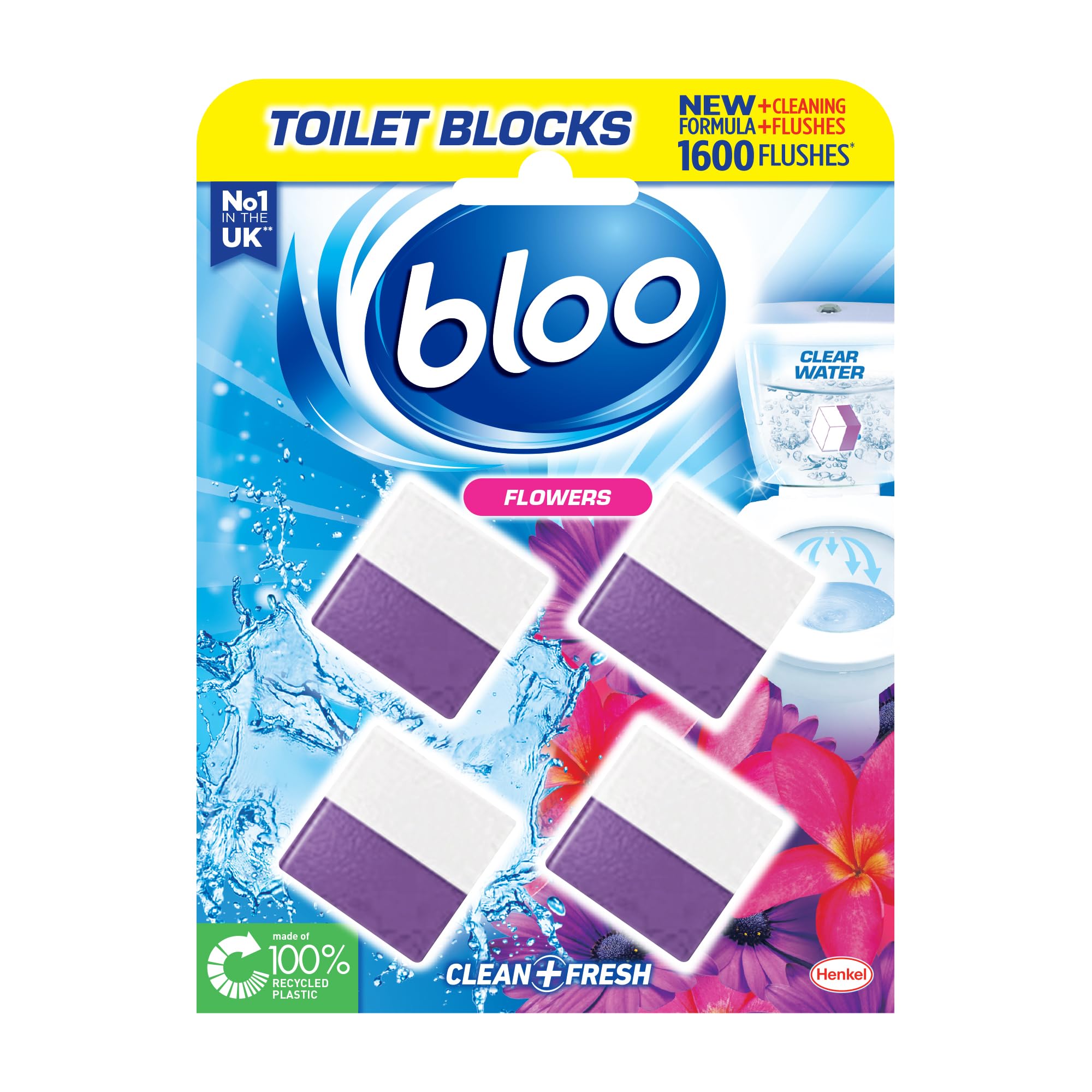 New Bloo Toilet Blocks, Pack of 4, Toilet Limescale Remover Cistern Block, Toilet Cleaner Block with Cleaning and Foaming Action, Toilet Fresheners – Fresh Flowers