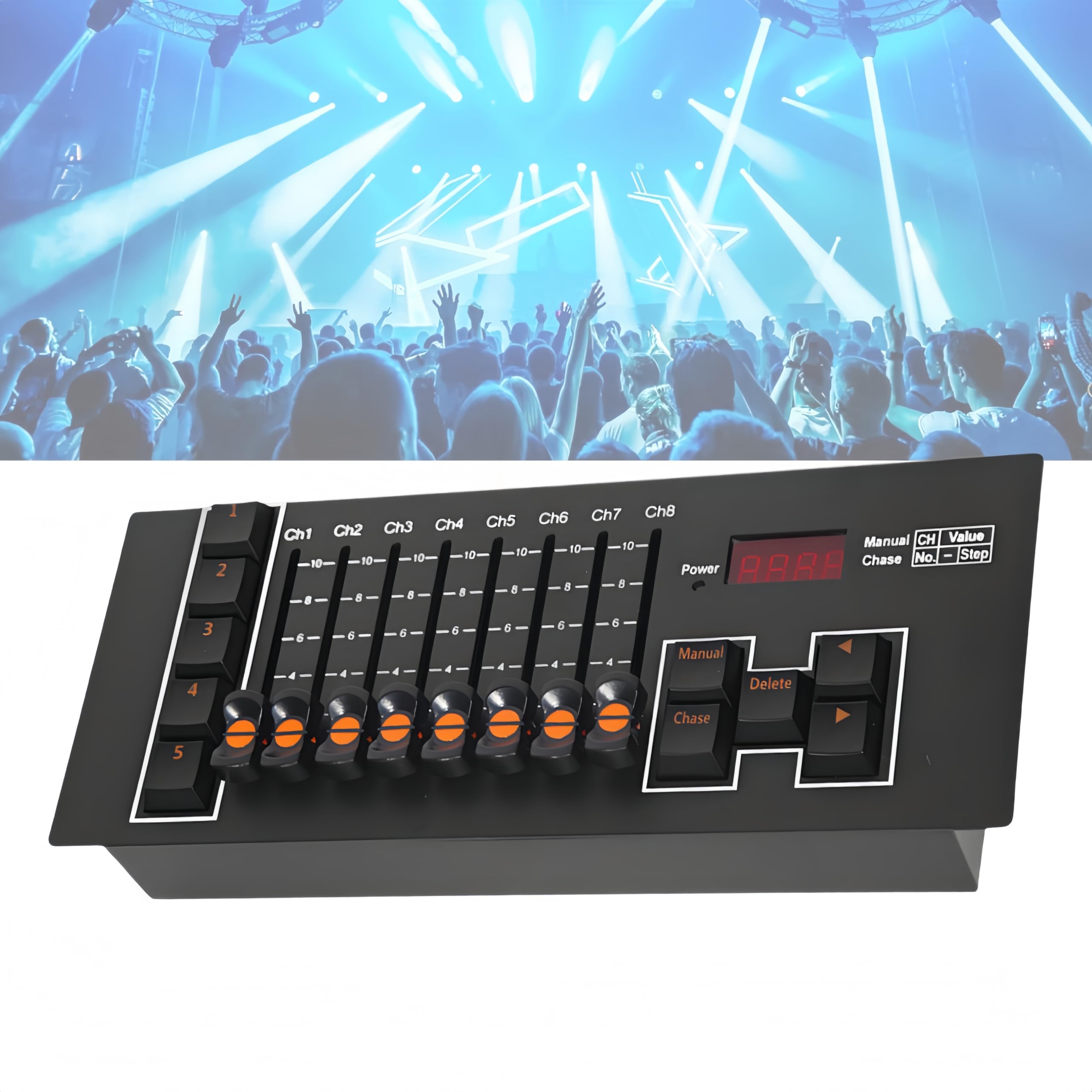 Controller DMX5102, Console di Controllo Luci a 40 Canali con 8 Fader e 5 Modalità Programmabili Controller DJ con 5 Effetti CHASE e Uscita DMX a 3 Pin per Illuminazione da Palco Spettacoli dal Vivo