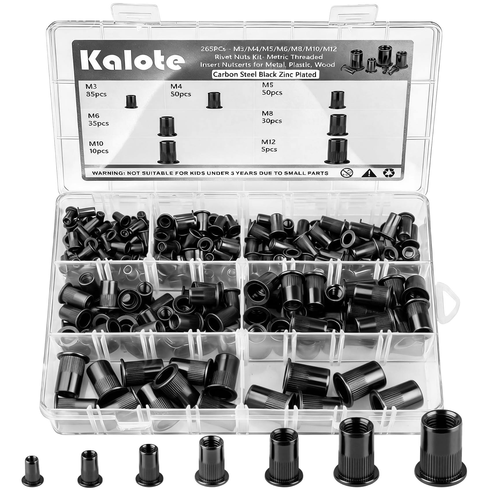265 Pcs Rivet Nuts Kit,Threaded Insert Nut Riveter Set, Black Zinc Plated Carbon Steel Rivnuts,Blind Rivet Nut Assortment For Metal, Wood,Aluminium(M3/M4/M5/M6/M8/M10/M12)