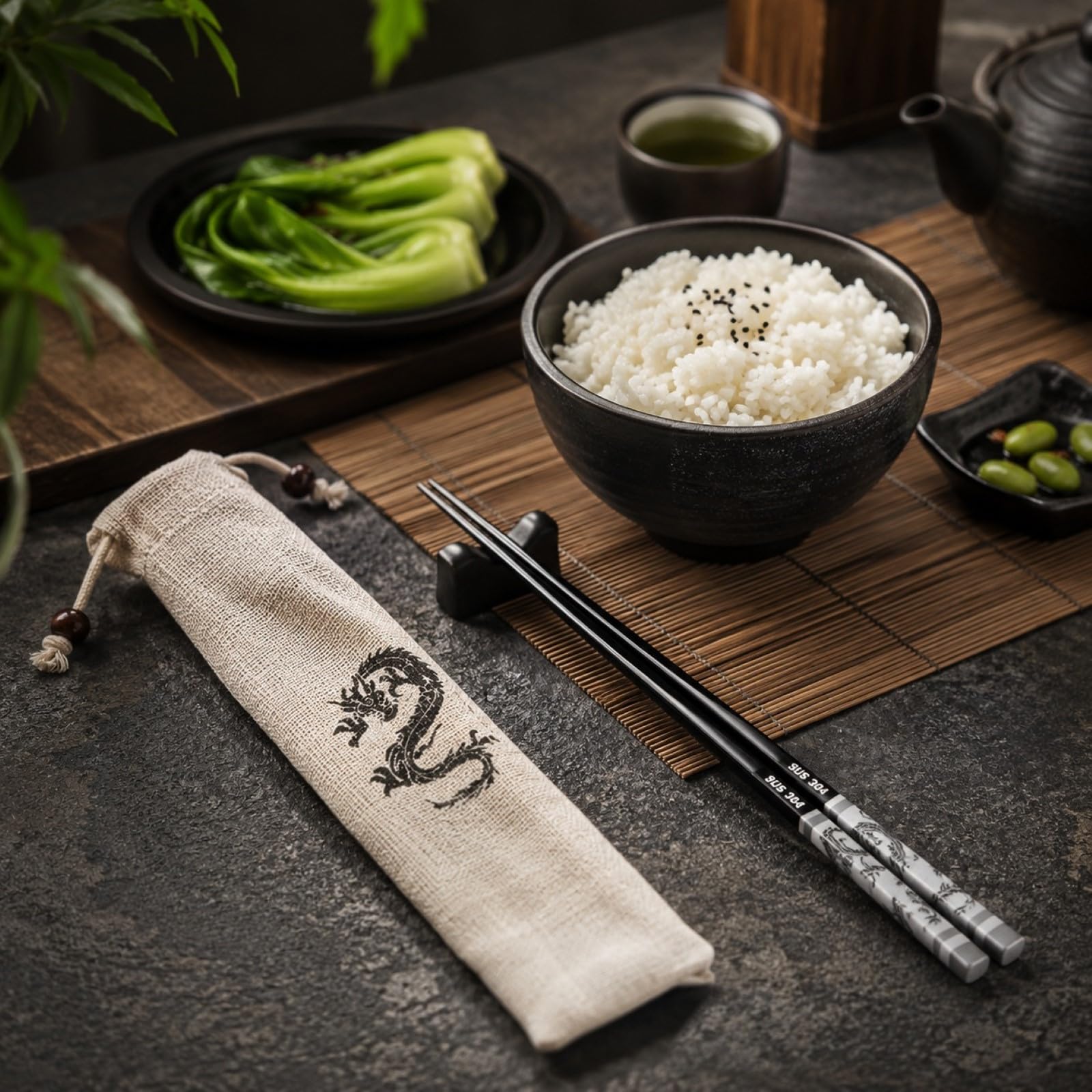 LOGOFUN Palillos de dragón de acero inoxidable de estilo chino, palillos de metal antideslizantes con bolsillo con cordón para suministros de cocina del hogar, color negro, 23,5 cm
