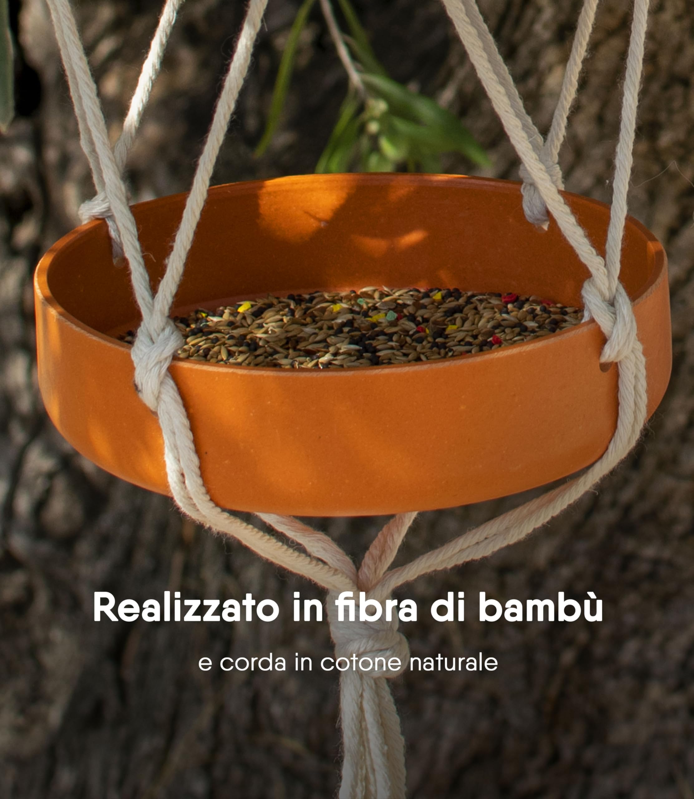 Mangiatoia per Uccelli da Esterno Sospeso con Doppio Vassoio Fibra di Bambù e Corda di Cotone