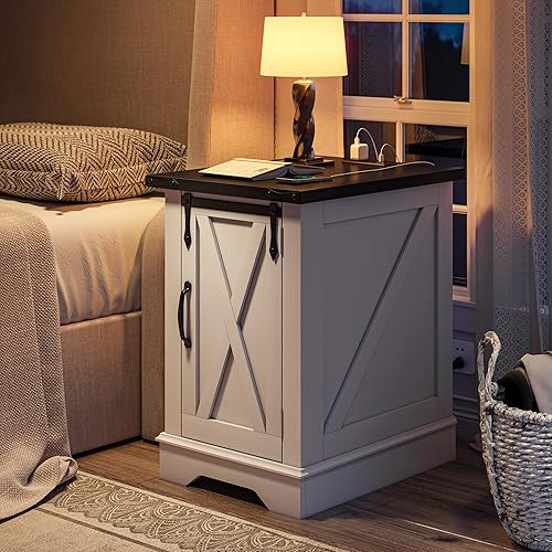 Miniatura 3 de EnHomee Mesita de noche con estación de carga, mesas auxiliares de granja de 25 pulgadas con puerta de granero, mesa auxiliar grande de madera para