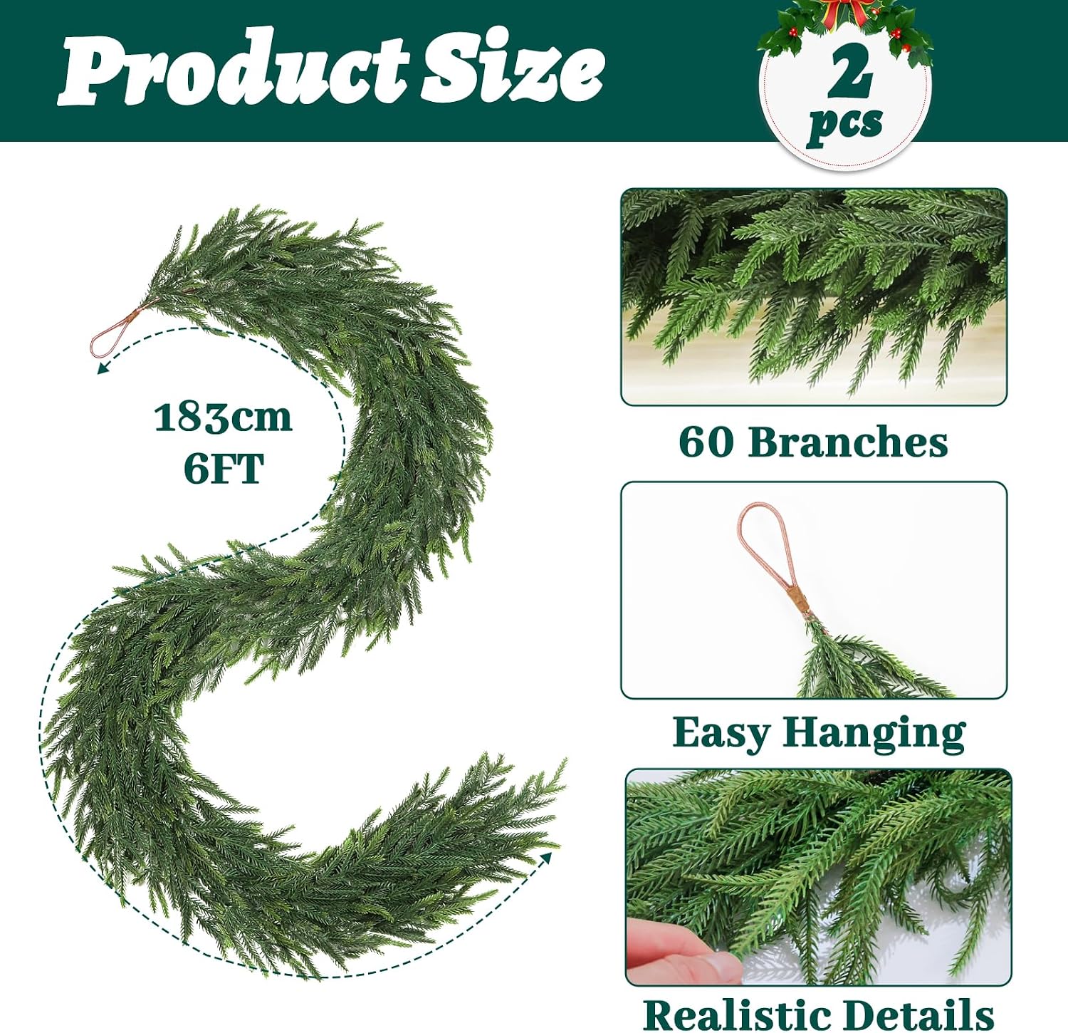 TOWPONICS 12FT (2 * 6FT) Christmas Norfolk Pine Garland, Real Touch Faux Green Garlands, Winter Artificial Greenery Garland for Mantle, Stairs, Table, Fireplace, Indoor & Outdoor Xmas Decorations