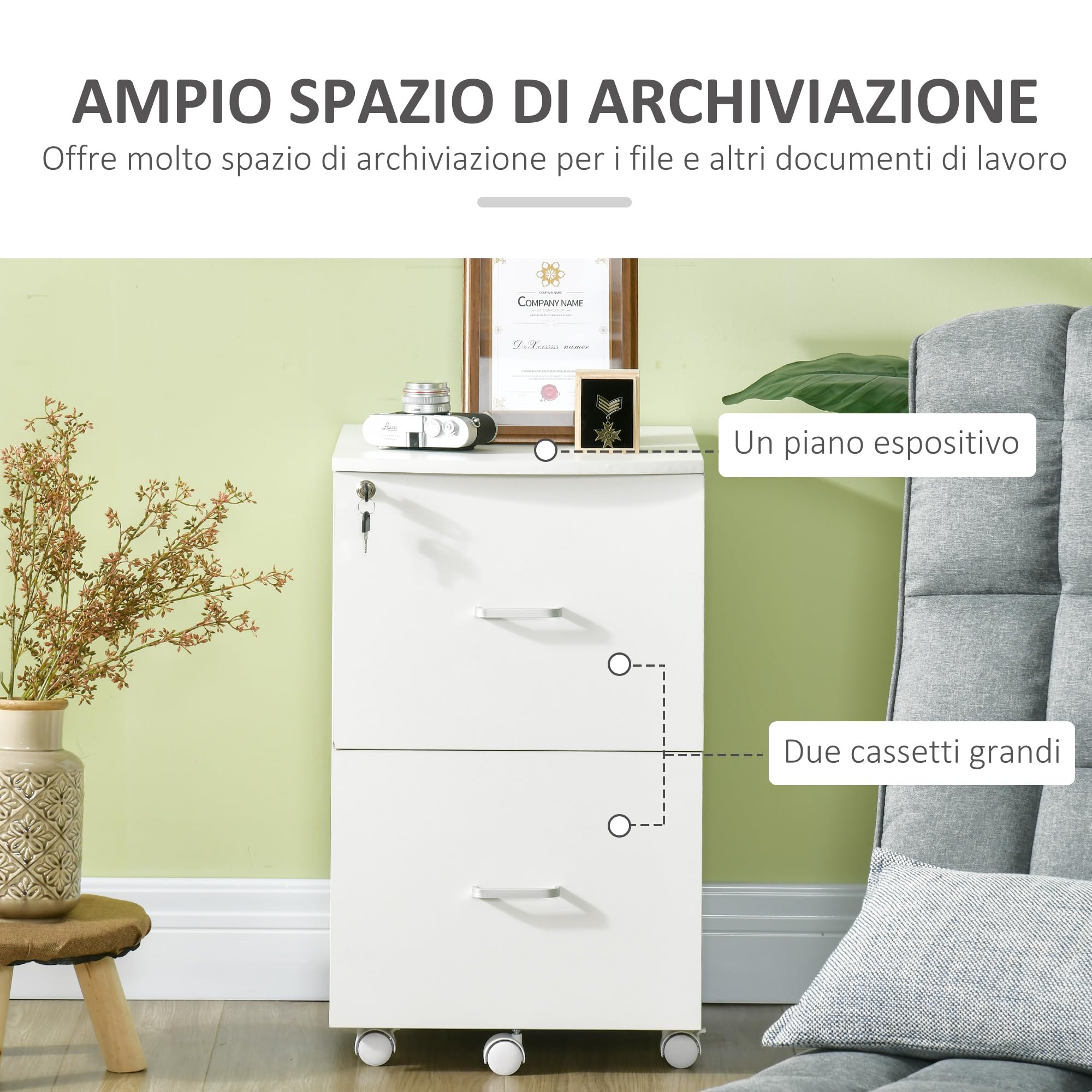 Vinsetto Armadietto da Ufficio e Studio con 2 Cassetti Bloccabili, 5 Ruote e Piano d'Appoggio, Schedario in MDF e Truciolato, 43x45x72cm, Bianco