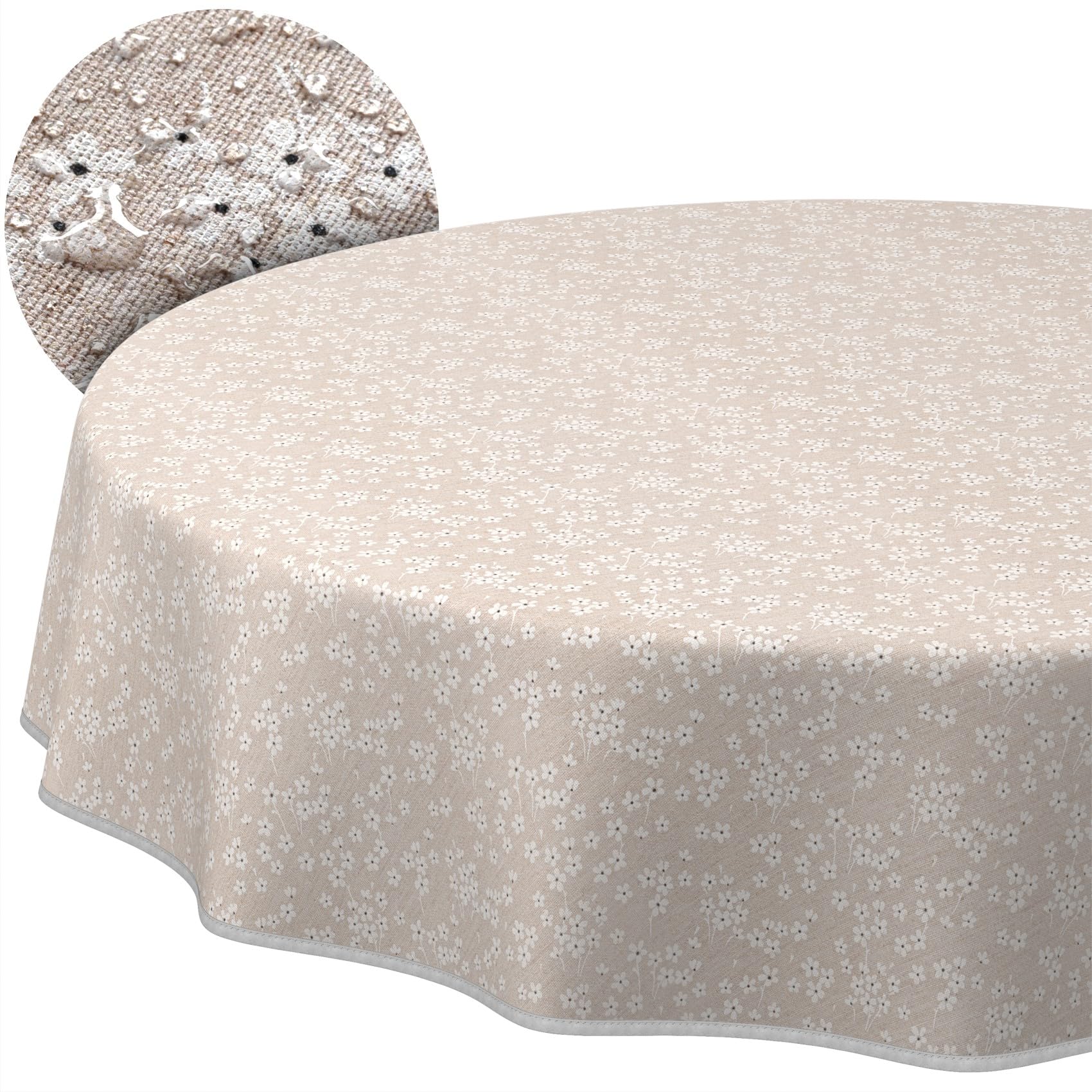 Tablecloth 140 cm Round Oval Rectangular Table Cloth Washable Cotton Polyester Fabric Table Cloth Beige Round with Hem (Edged)