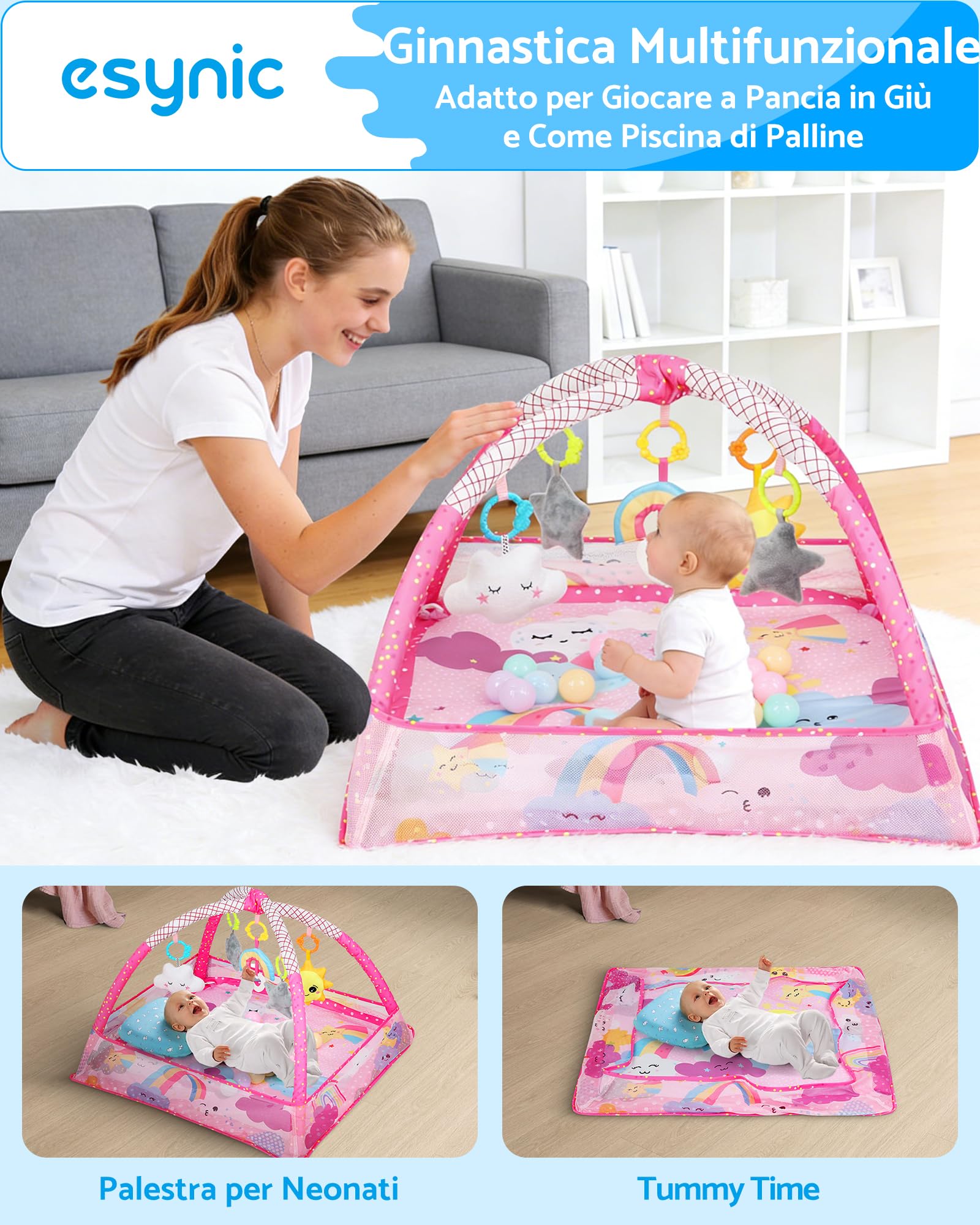 eSynic Tappeto Gioco per Neonati 77x77cm con 5 Giocattoli Sonori Sospesi Rimovibili, Piscina di Palline, Facile da Montare e Lavare, Sviluppo Sensoriale, Palestrina per Piccoli 0-18 Mesi - Cielo Rosa