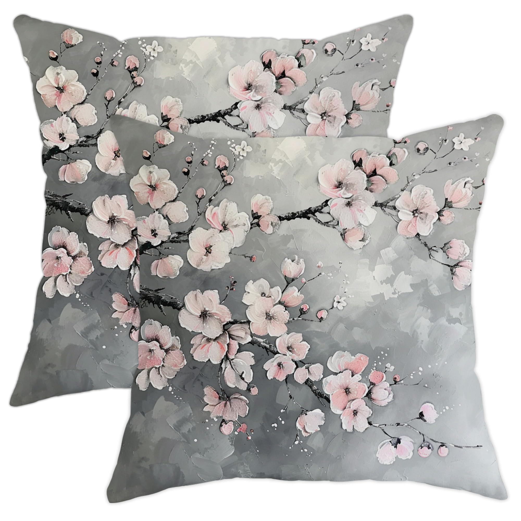 Spring Romantic Cherry Blossom Pillow Covers Set Of 2, Grey Modern Elegant Japanese House Decorations Throw Pillow Cases, Decorative Floral Decor Cushion Covers For Home Sofa Bed Couch 20x20 Inch — image 1