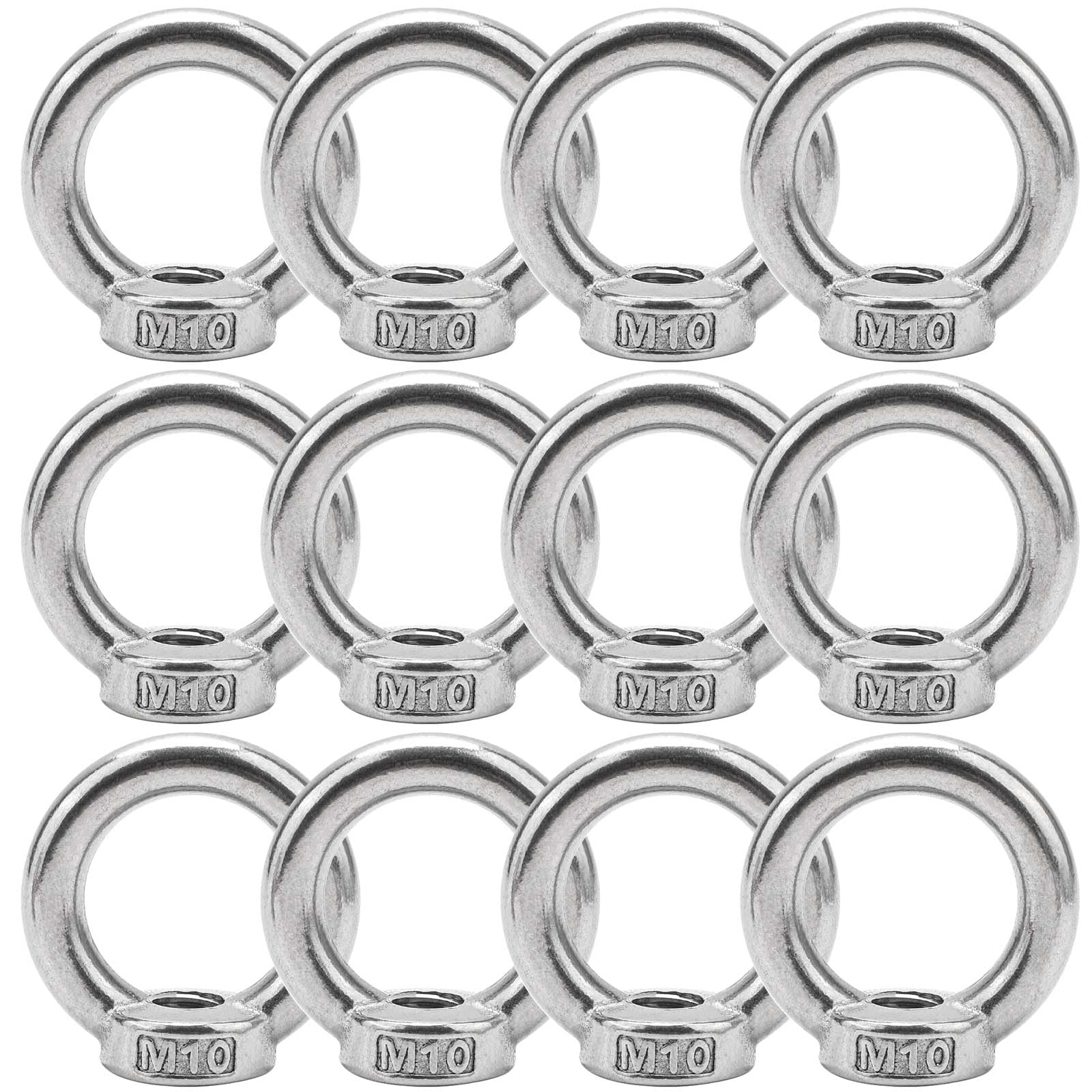 BREANIFULL Pack of 12 Stainless Steel M10 Ring Nut Eye Bolts Eye Nuts Stainless Steel Hanger Bolts M10 Stainless Steel Hardware Ring Eyelets for Rope Assembly Lifting Accessories