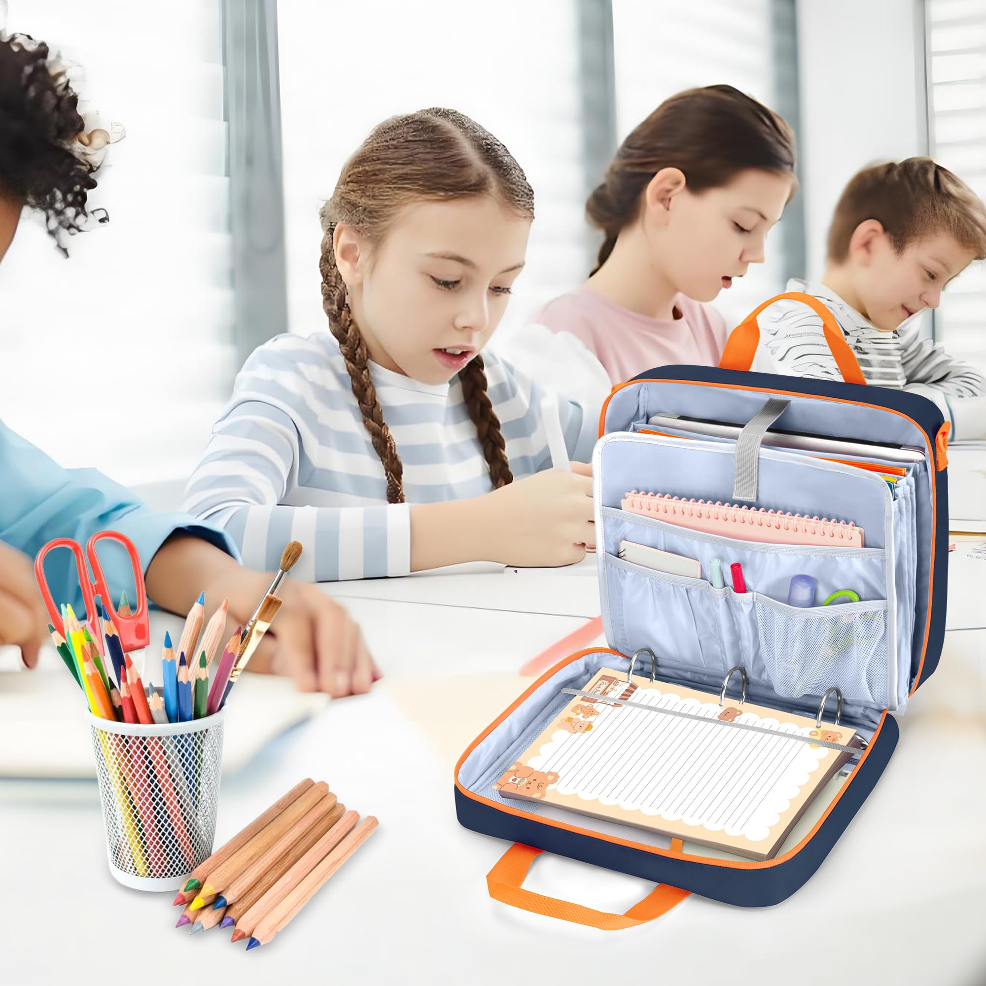 YARWO Ringordner Tasche für Jungen Mädchen 3 Ring Ordner für 500 Blätter mit ausziehbaren Fächern verstellbarer Trageriemen Akkordeon Organizer passend für 13" Laptop, Lern Tablet Schreibwaren, Marine