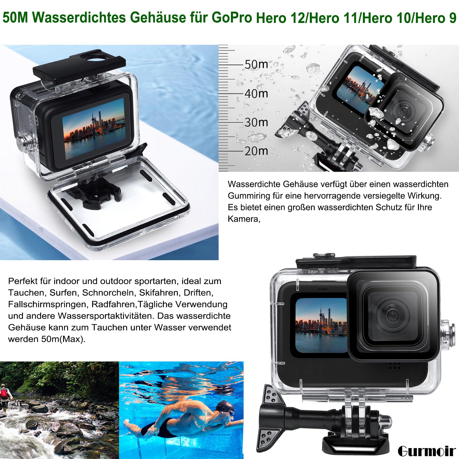 Zubehör Set Kit mit Wasserdichtem Gehäuse für GoPro Hero 13/12/11/10/9 Schwarz, Action Kamera Video Zubehör Set Bundle Kompatibel mit Go Pro 13 12 11 10 9(PT10)