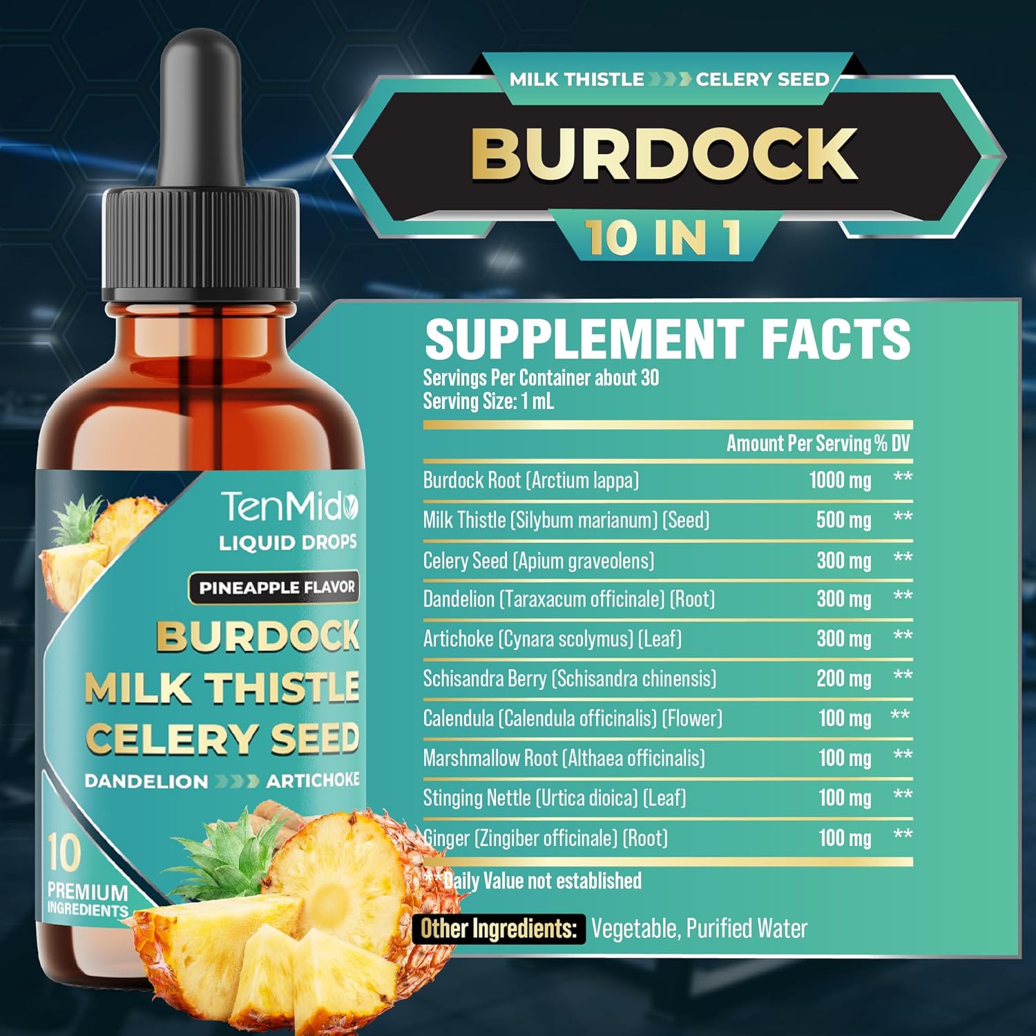10in1 Burdock Root Tincture - Herbal Extract Liquid Supplement with Milk Thistle, Celery Seed, Dandelion, Artichoke, Schisandra Berry, Calendula, Marshmallow Root, and More - 30ml 1 Fl Oz - Image 2