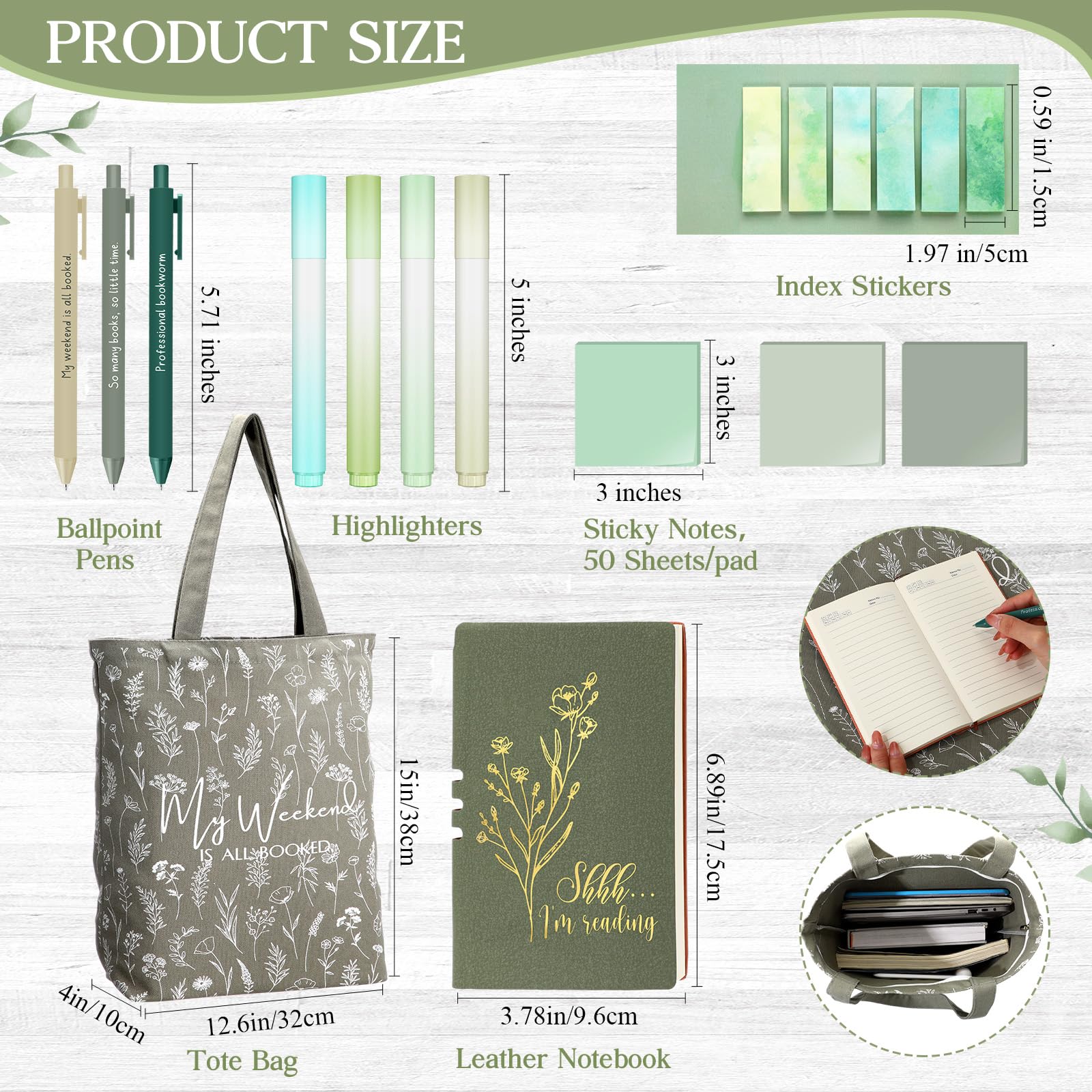 Romooa Book Lovers Gifts Aesthetic Essentials 13.5oz Glass Cup with Handle Canvas Bag A6 Journal Teacher Notebook Ballpoint Pens Sticky Notes Highlighters for Librarian Student Teacher Study, Green