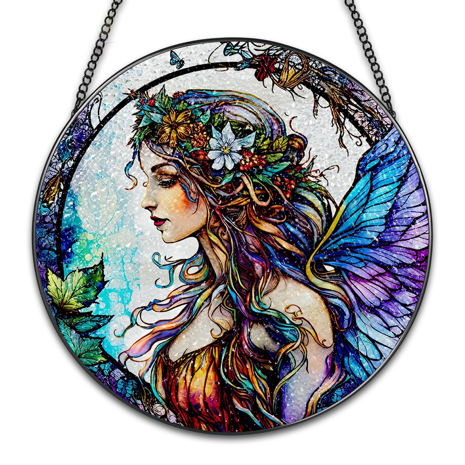 Fairy Stained Glass Suncatcher with Vivid Color, Acrylic Pre-Attached Chain Sun Catchers for Windows No Need to Drill Holes, Hanging Ornaments for Home Garden Decor Gift for Women Friends Bestie
