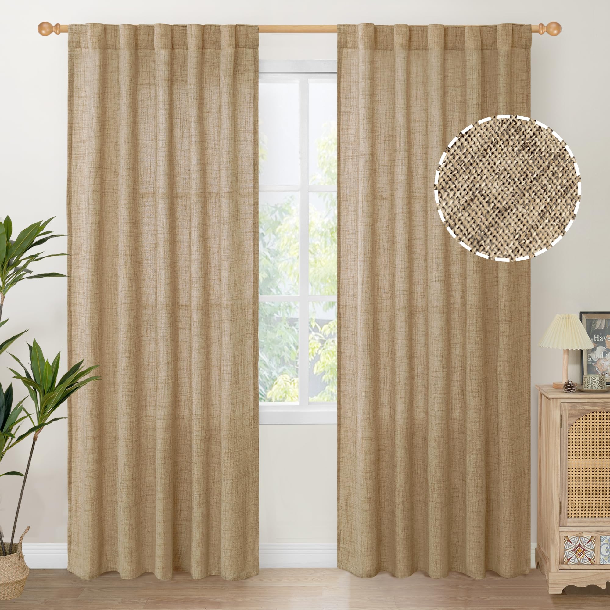 YoungsTex - Cortinas de lino de 38 pulgadas de ancho de 84 pulgadas de largo para barra de granja, cortinas de ventana de arpillera, filtrado de luz para sala de estar, recámara, caramelo, 2 paneles