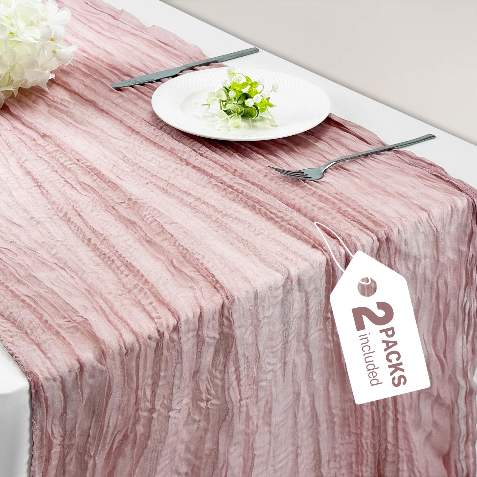 2 Pack Dusty Pink Cheesecloth Table Runner, 90x300cm Long Gauze Boho Cheese Cloth Table Runners for Wedding Bridal Baby Shower Party Birthday Banquet Dining Table Decorations