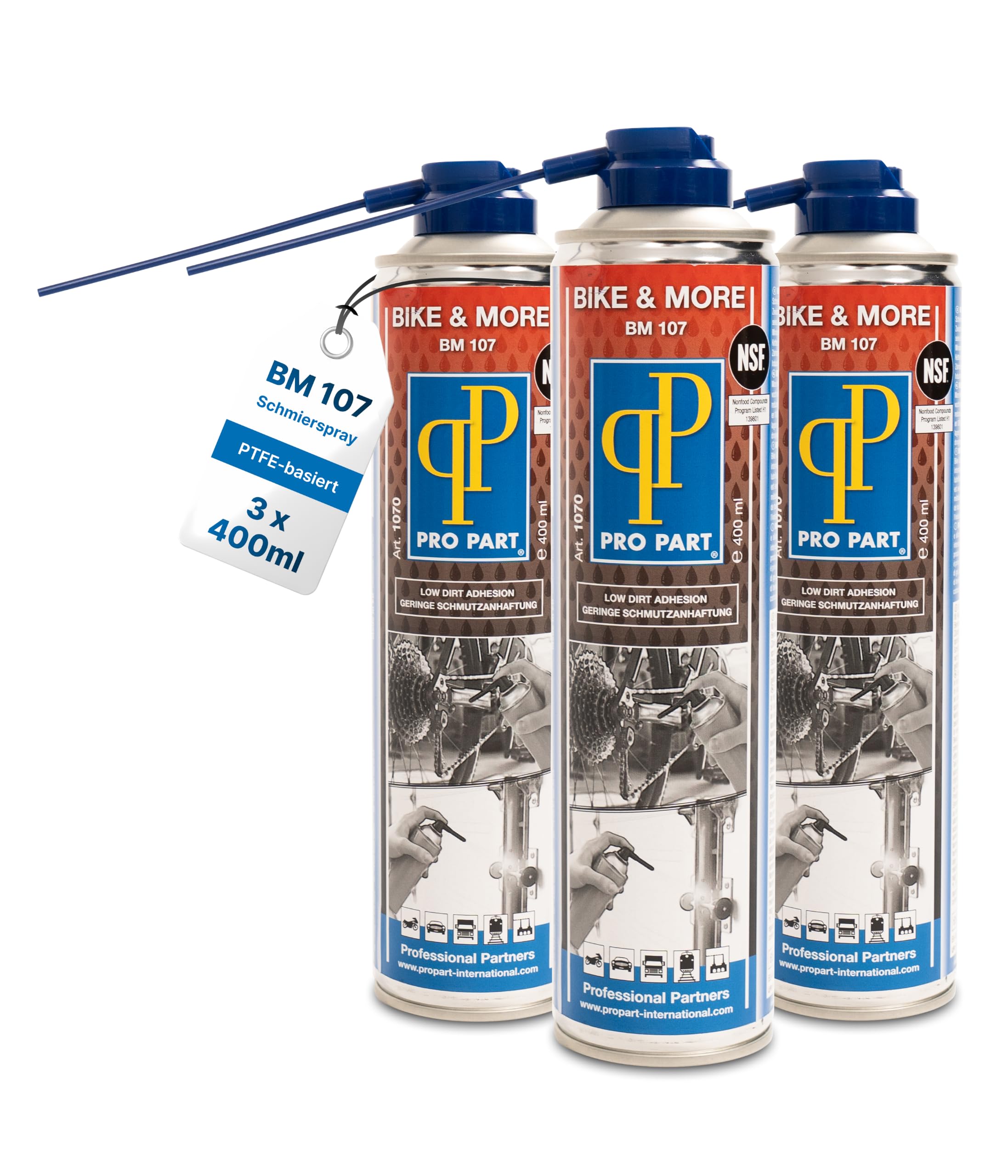 Pro Part® Bike & More BM 107 PTFE Schmierspray 3 x 400 ml – silikonfrei & lösungsmittelfrei – verdrängt Feuchtigkeit, geringe Schmutzanhaftung – Für Fahrradkette, Türschloss, Laufband – PTFE Spray